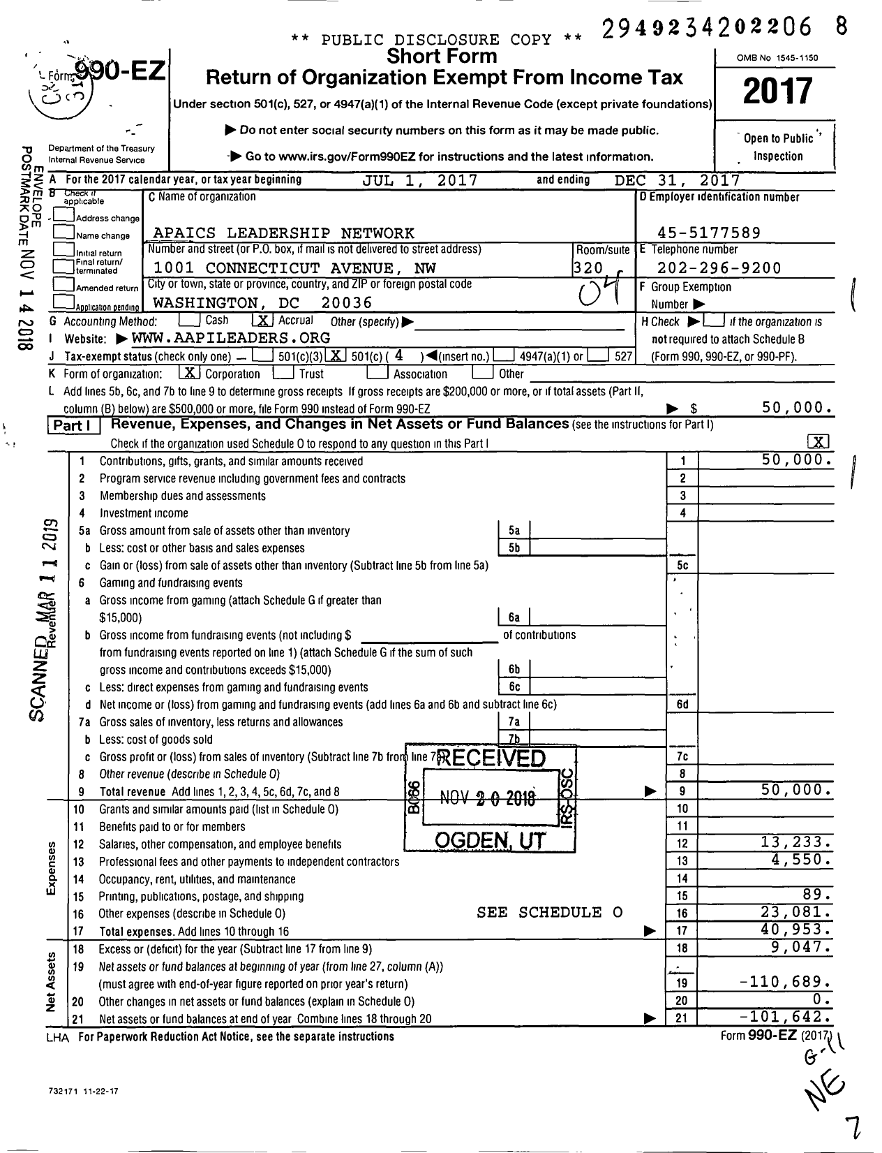 Image of first page of 2017 Form 990EO for Apaics Leadership Network