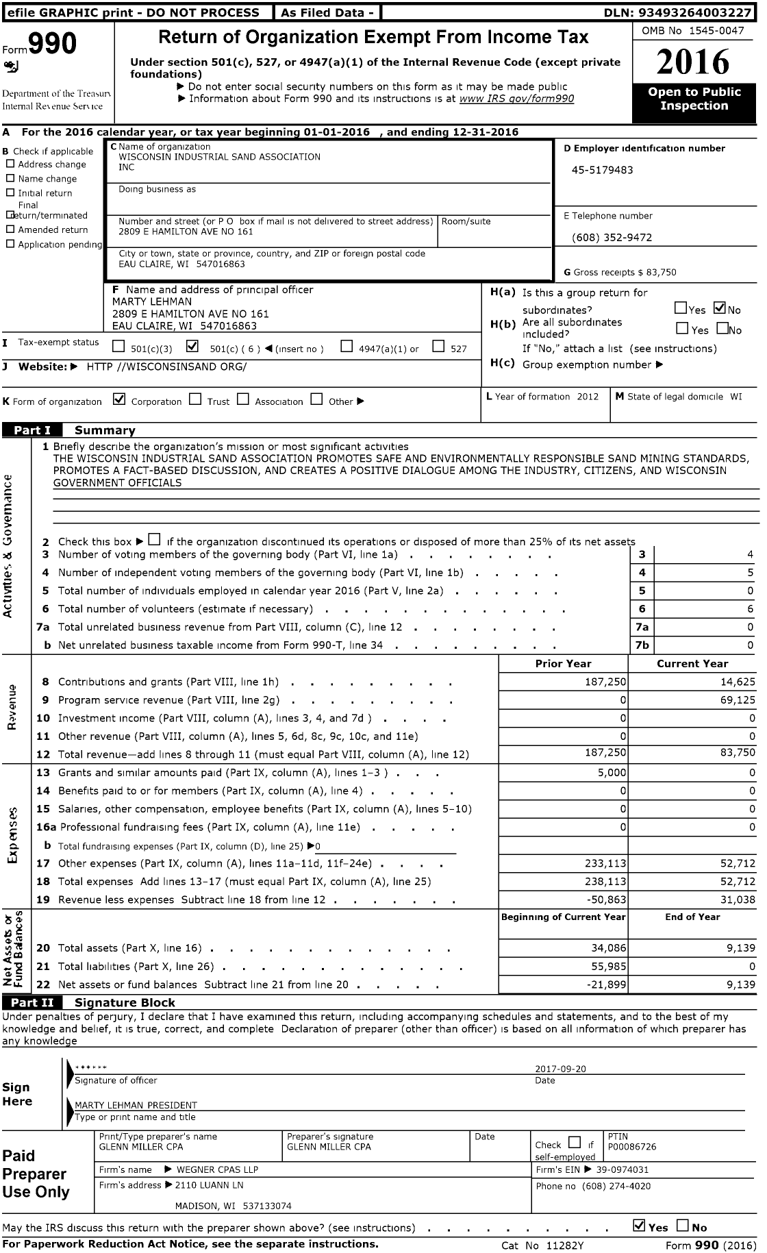 Image of first page of 2016 Form 990O for Wisconsin Industrial Sand Association