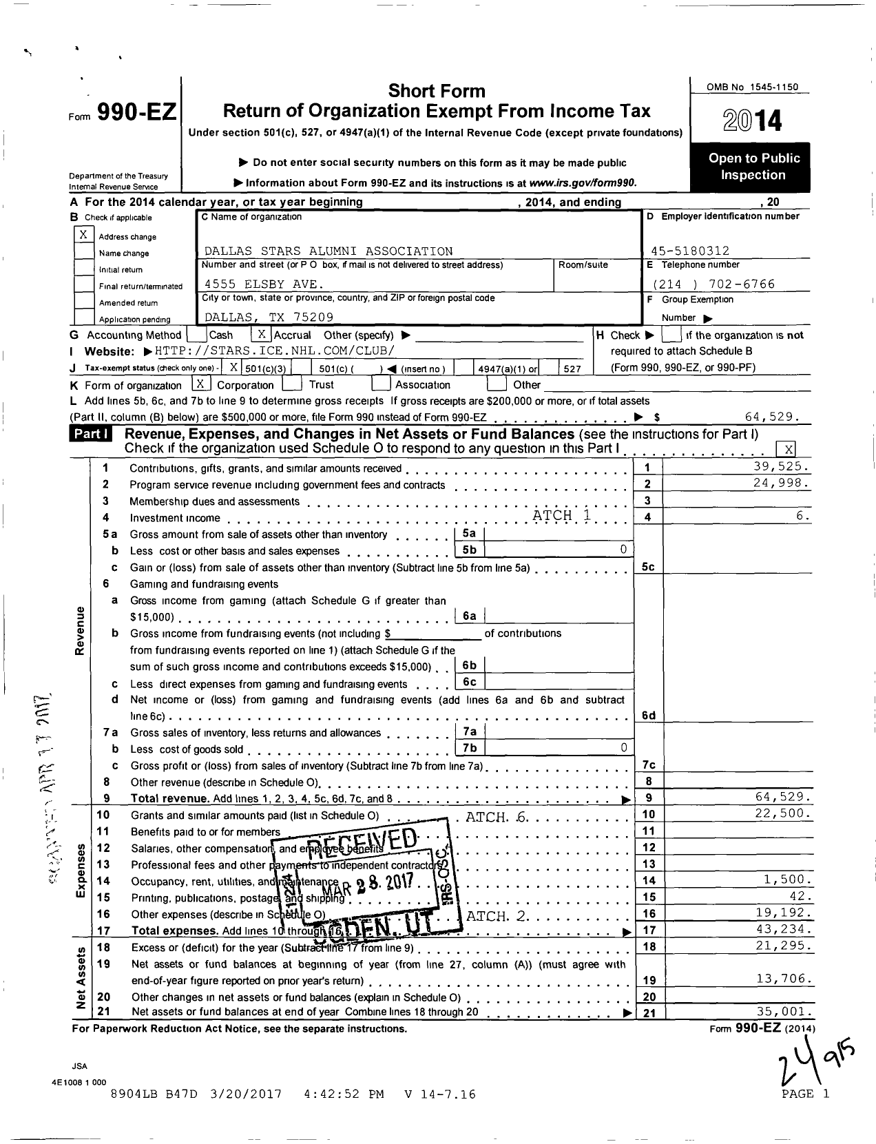 Image of first page of 2014 Form 990EZ for Dallas Stars Alumni Association