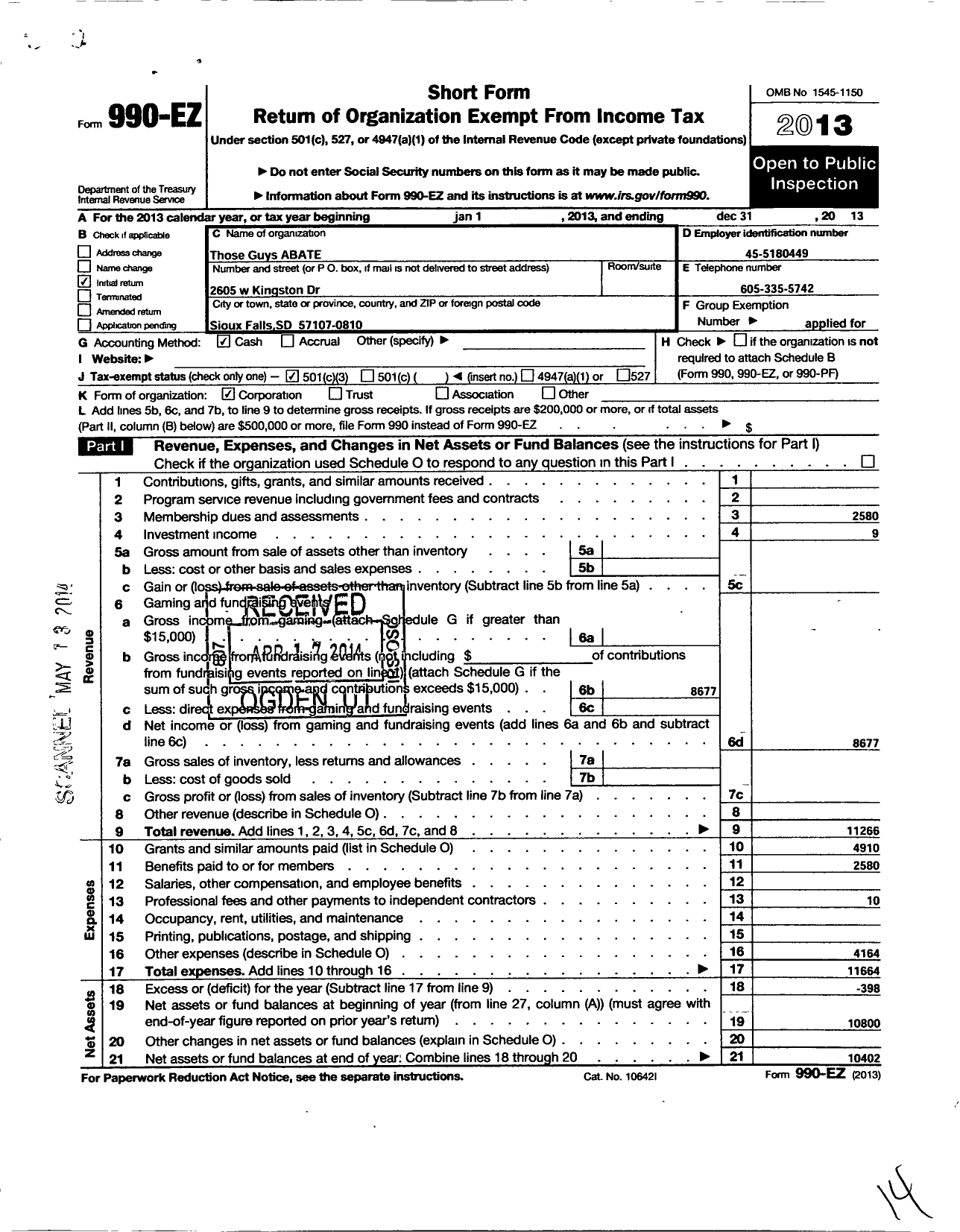 Image of first page of 2013 Form 990EZ for Those Guys Abate