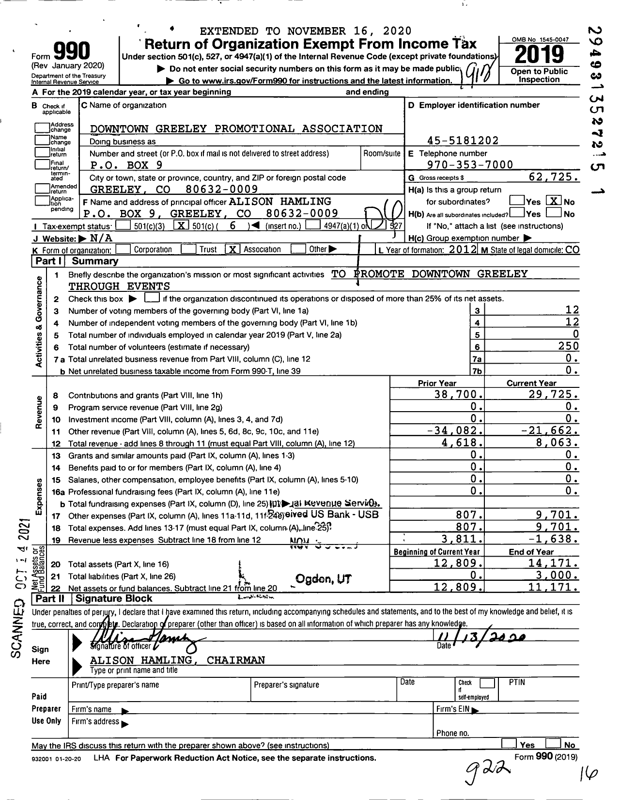 Image of first page of 2019 Form 990O for Downtown Greeley Promotional Association