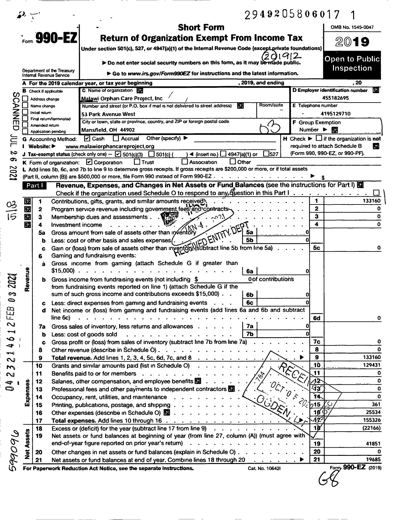 Image of first page of 2019 Form 990EZ for Malawi Orphan Care Project