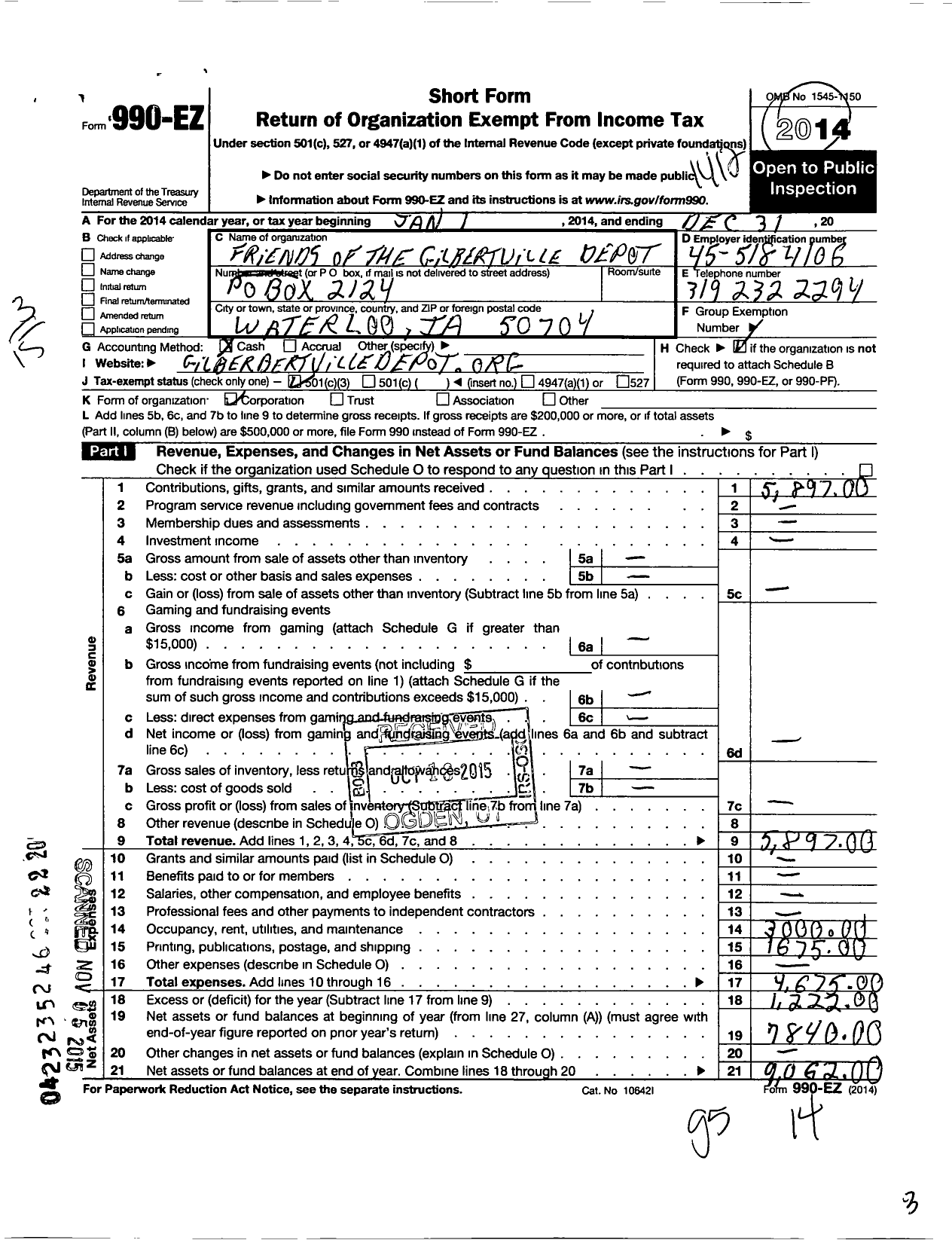 Image of first page of 2014 Form 990EZ for Friends of the Gilbertville Depot