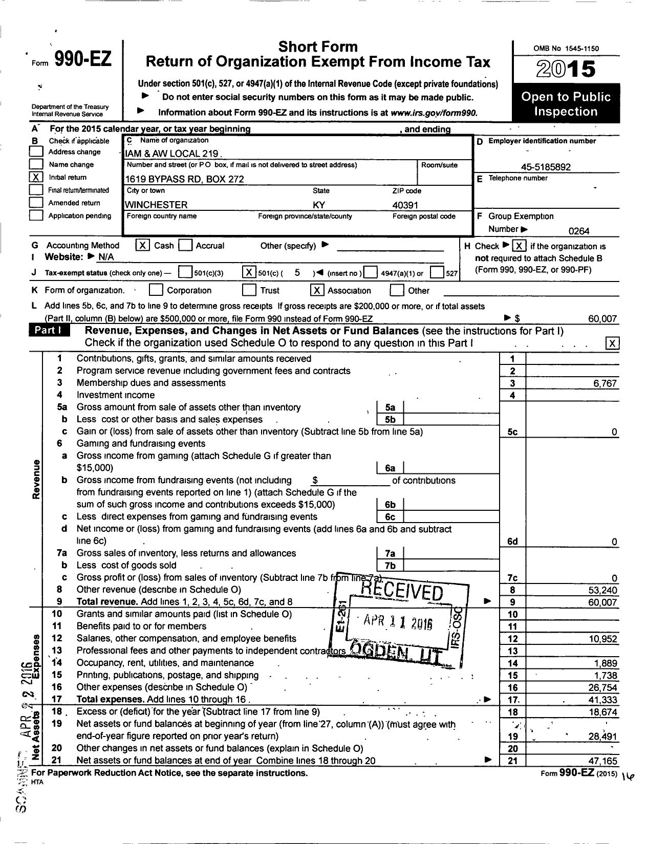 Image of first page of 2015 Form 990EO for International Association of Machinists and Aerospace Workers - 219 Iamaw Lodge