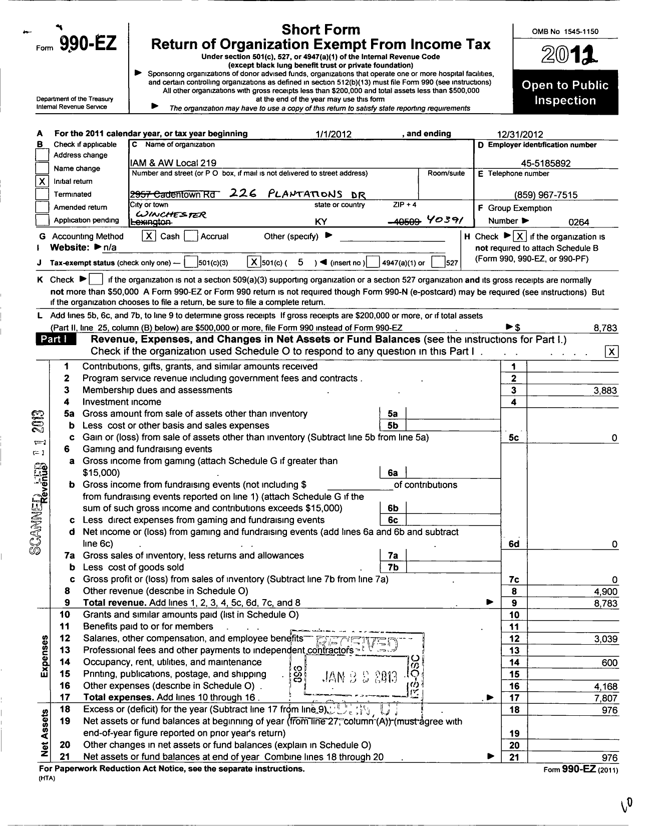 Image of first page of 2012 Form 990EO for International Association of Machinists and Aerospace Workers - 219 Iamaw Lodge