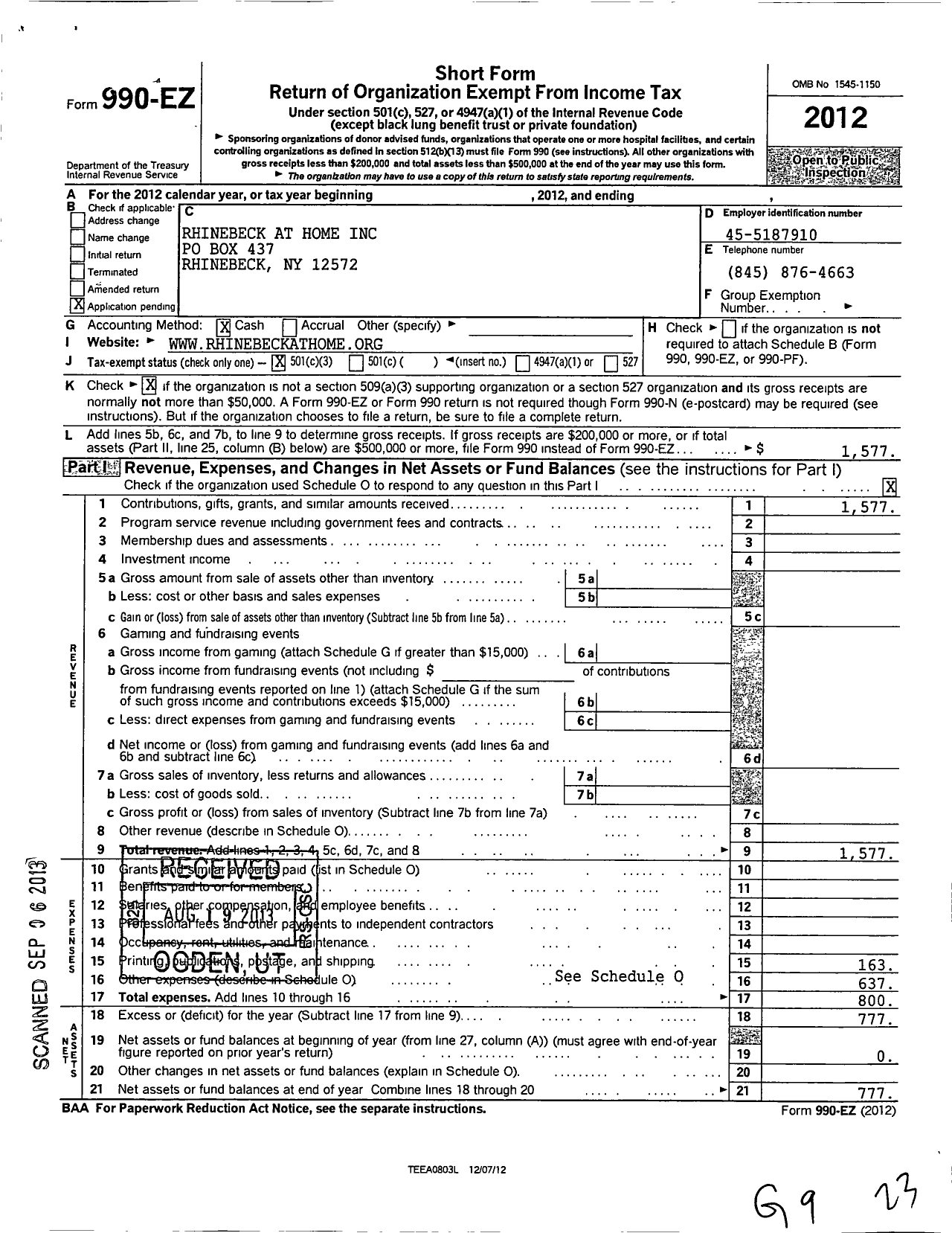 Image of first page of 2012 Form 990EZ for Rhinebeck at Home