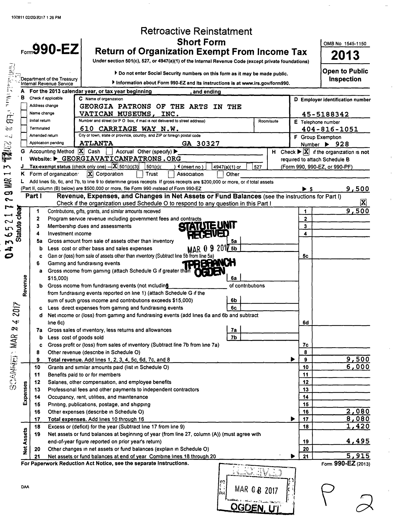 Image of first page of 2013 Form 990EZ for Georgia Patrons of the Arts in the Vatican Museums