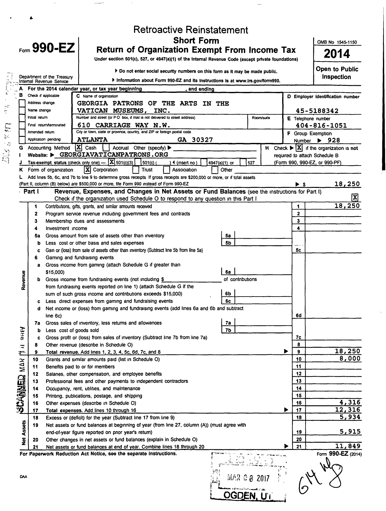 Image of first page of 2014 Form 990EZ for Georgia Patrons of the Arts in the Vatican Museums