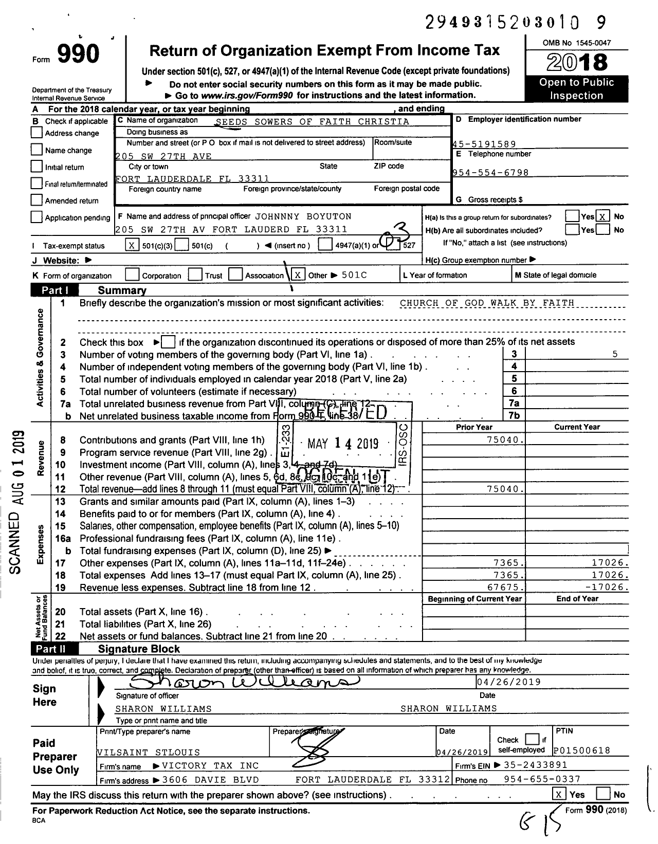 Image of first page of 2018 Form 990 for Seeds Sowers of Faith Christia