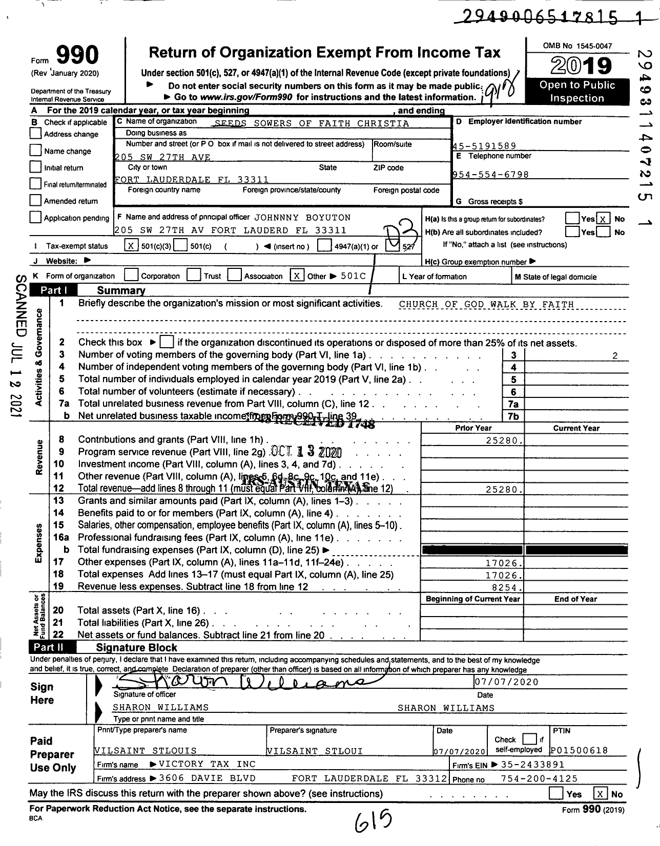 Image of first page of 2019 Form 990 for Seeds Sowers of Faith Christia