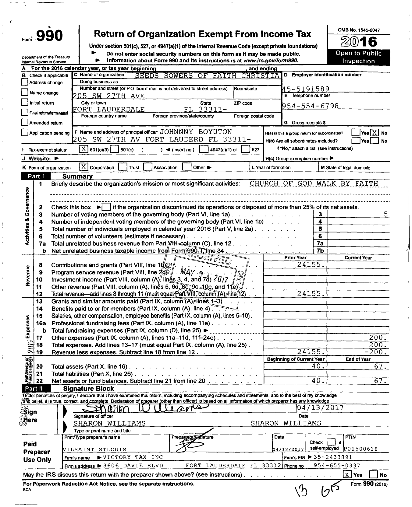 Image of first page of 2016 Form 990 for Seeds Sowers of Faith Christia