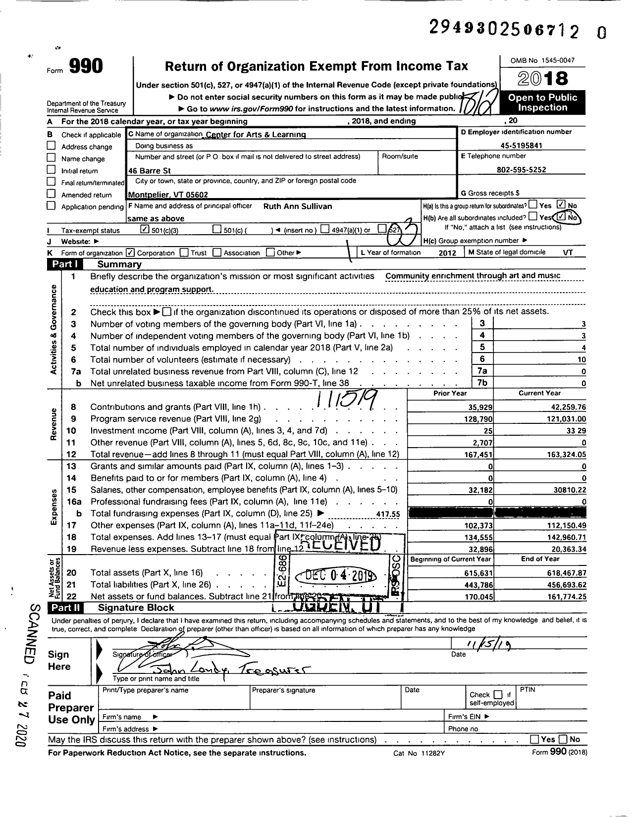 Image of first page of 2018 Form 990 for Center for Arts and Learning