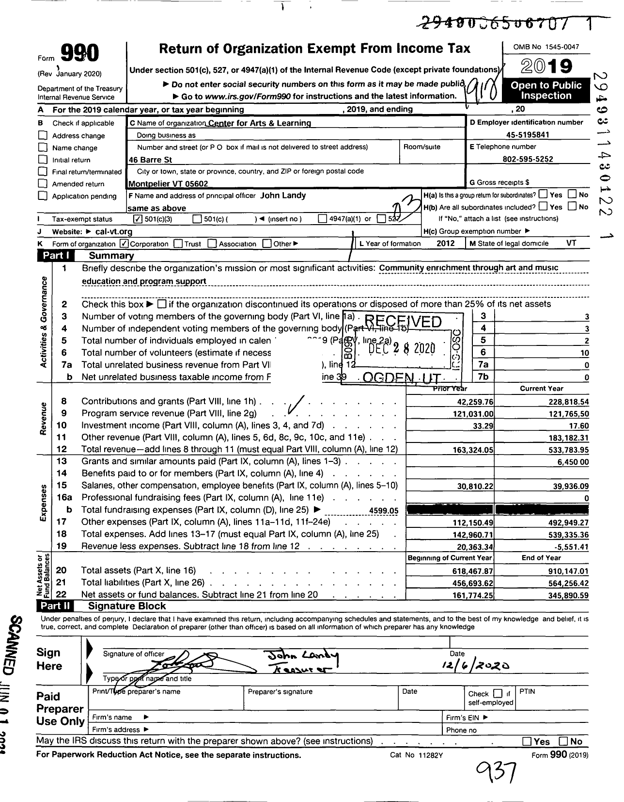 Image of first page of 2019 Form 990 for Center for Arts and Learning