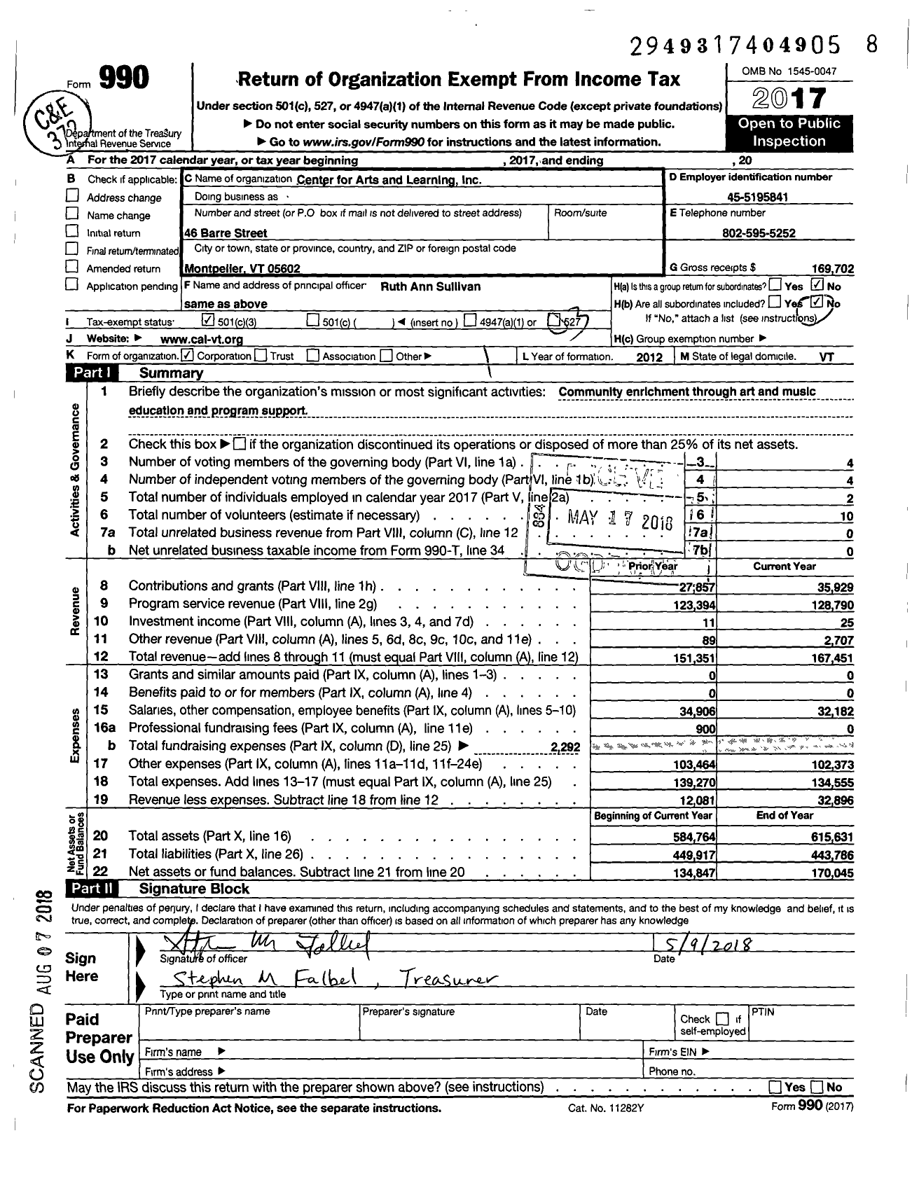 Image of first page of 2017 Form 990 for Center for Arts and Learning