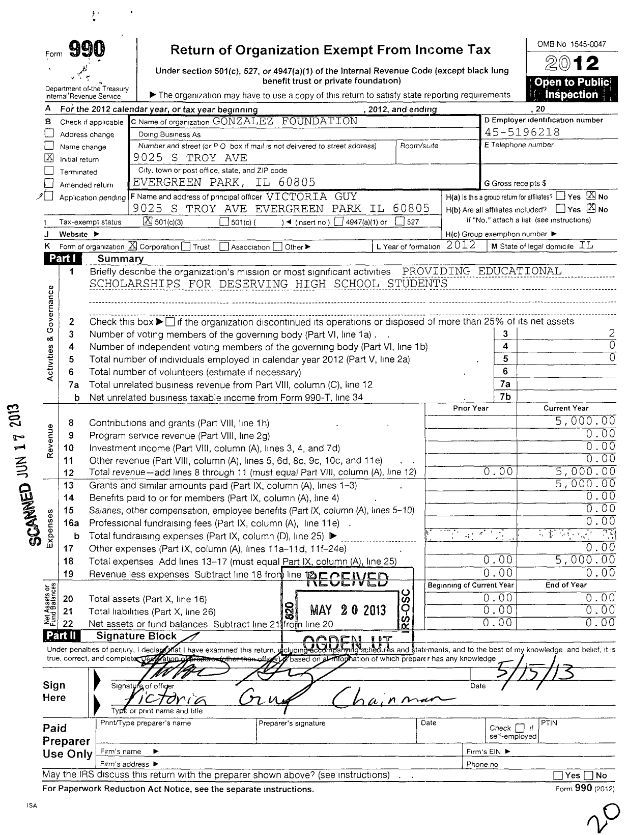 Image of first page of 2012 Form 990 for Gonzalez Foundation