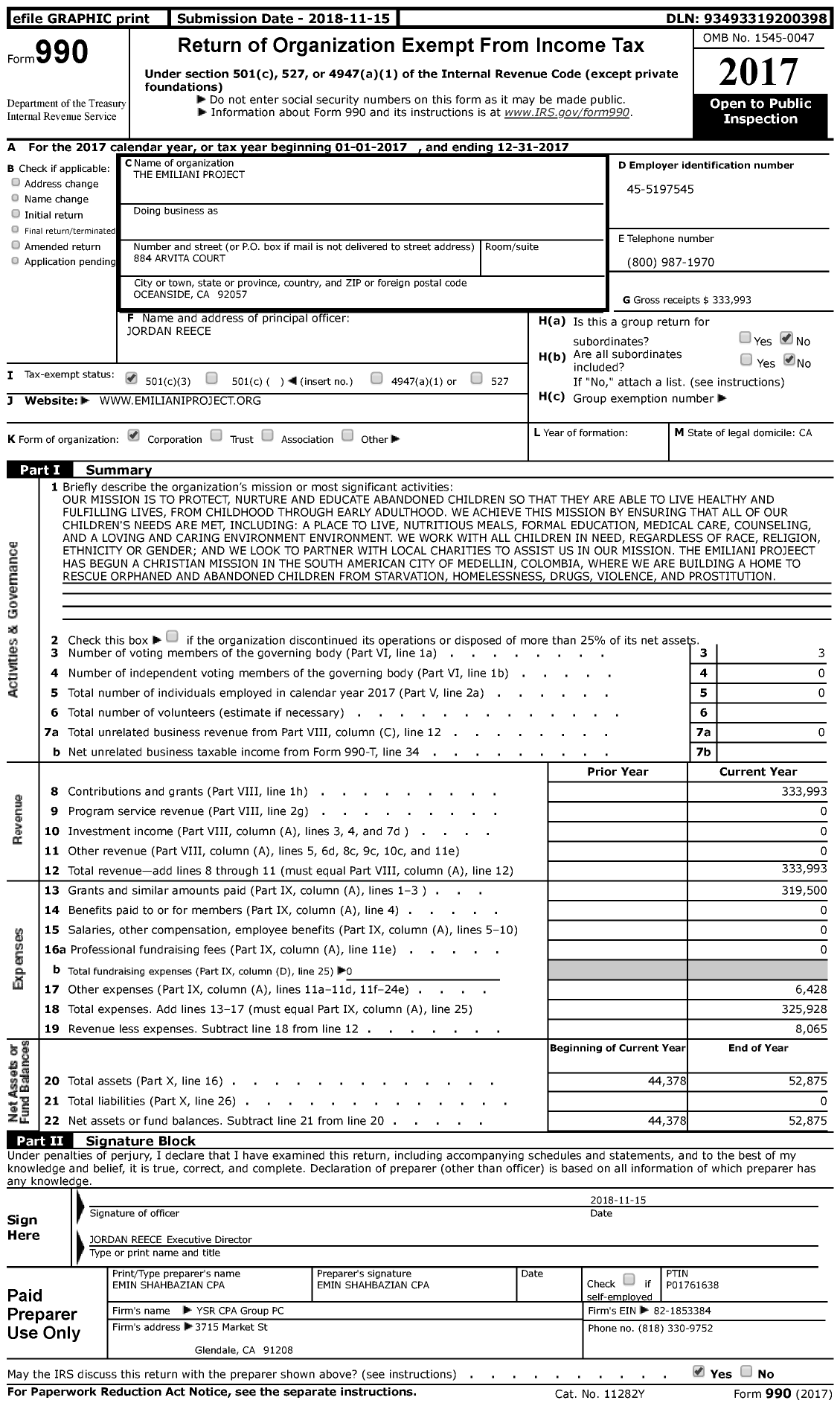 Image of first page of 2017 Form 990 for The Emiliani Project