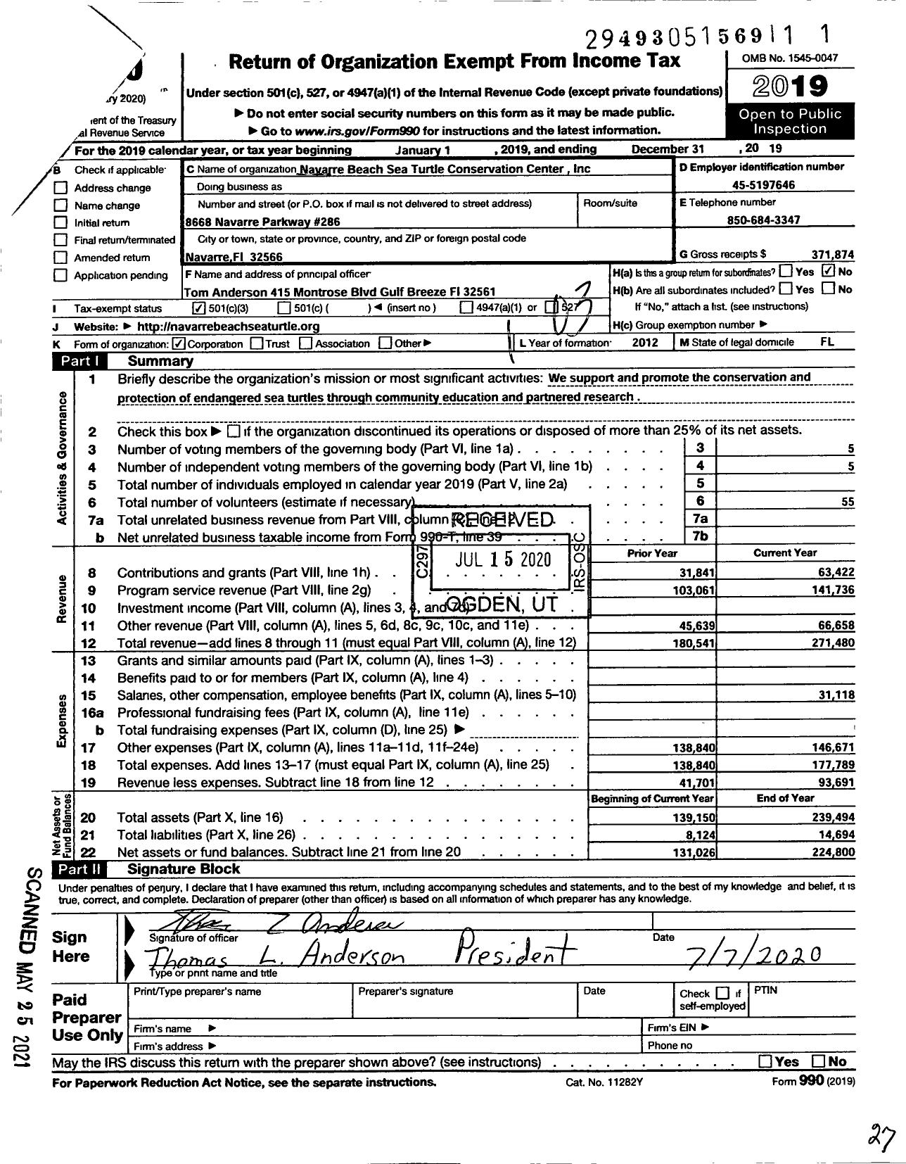 Image of first page of 2019 Form 990 for Navarre Beach Sea Turtle Conservation Center
