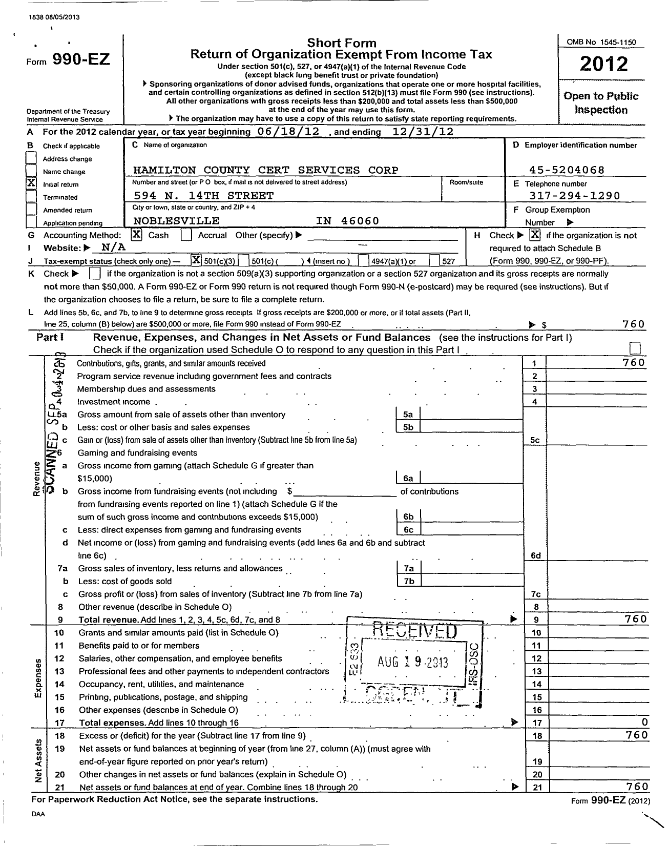 Image of first page of 2012 Form 990EZ for Friends of Hamilton County Emergency Services Corporation