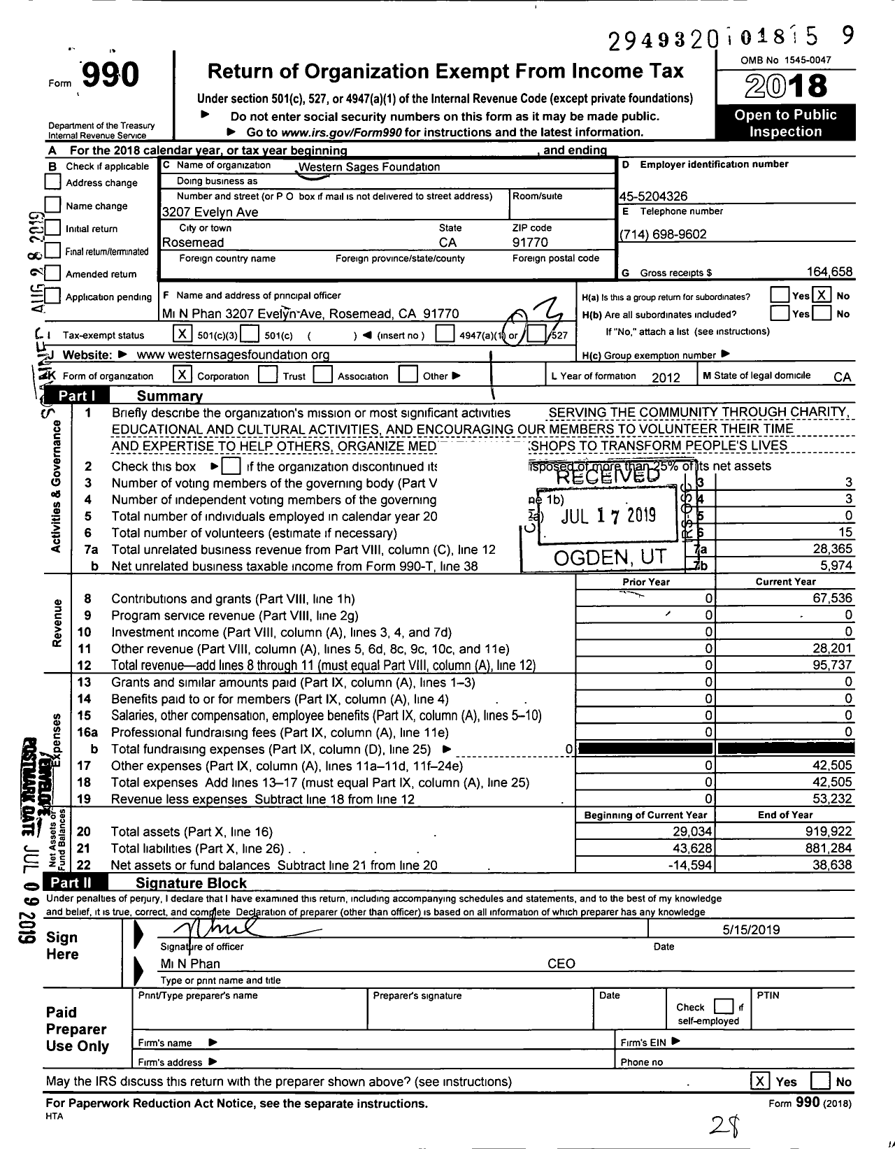 Image of first page of 2018 Form 990 for Western Sages Foundation