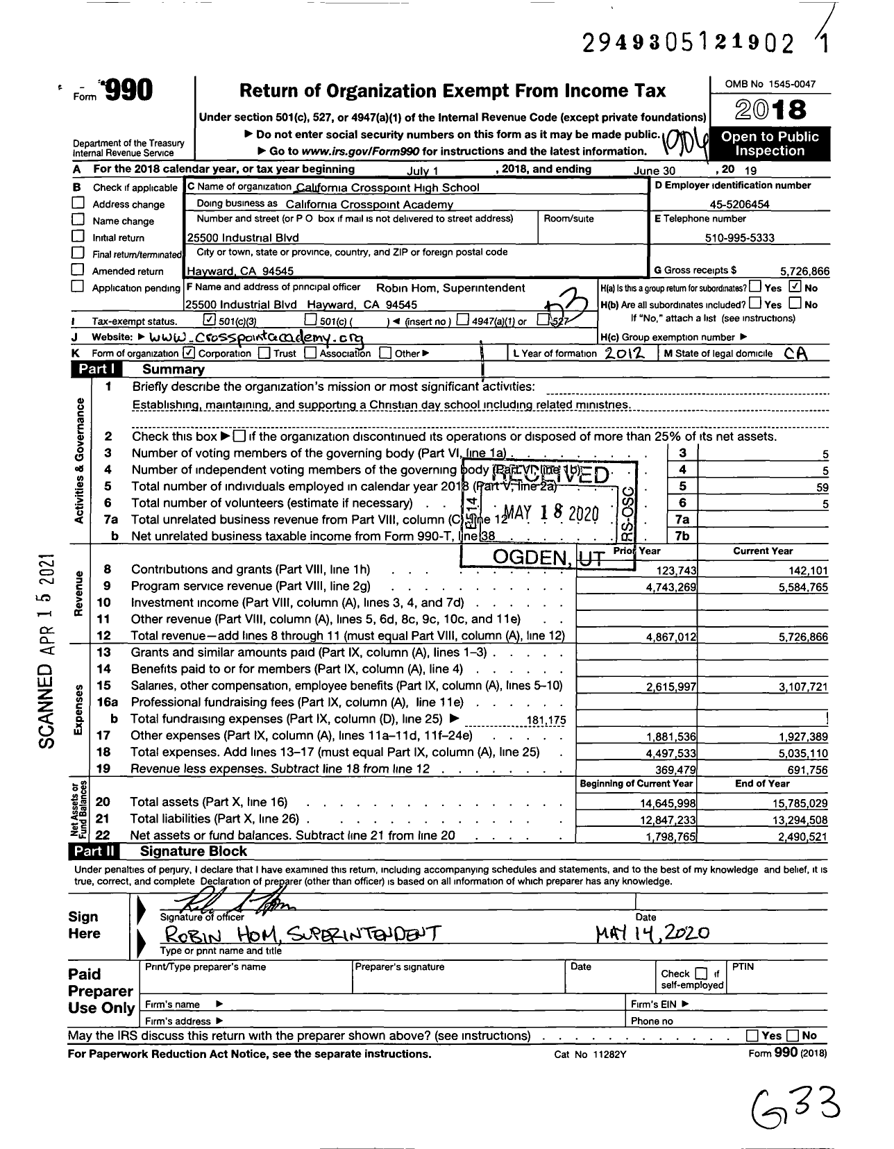 Image of first page of 2018 Form 990 for California Crosspoint High School California Crosspoint Academy (CCHS)