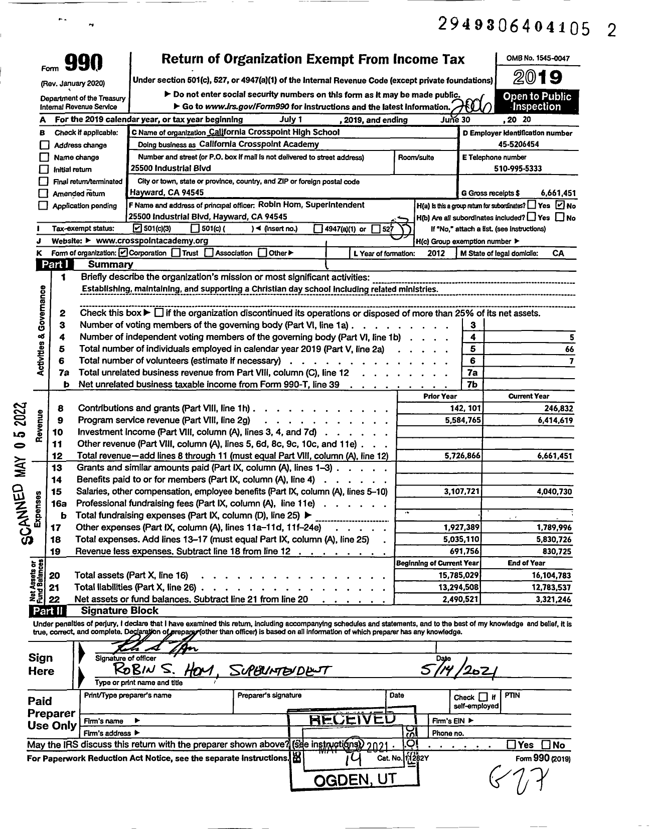 Image of first page of 2019 Form 990 for California Crosspoint High School California Crosspoint Academy (CCHS)