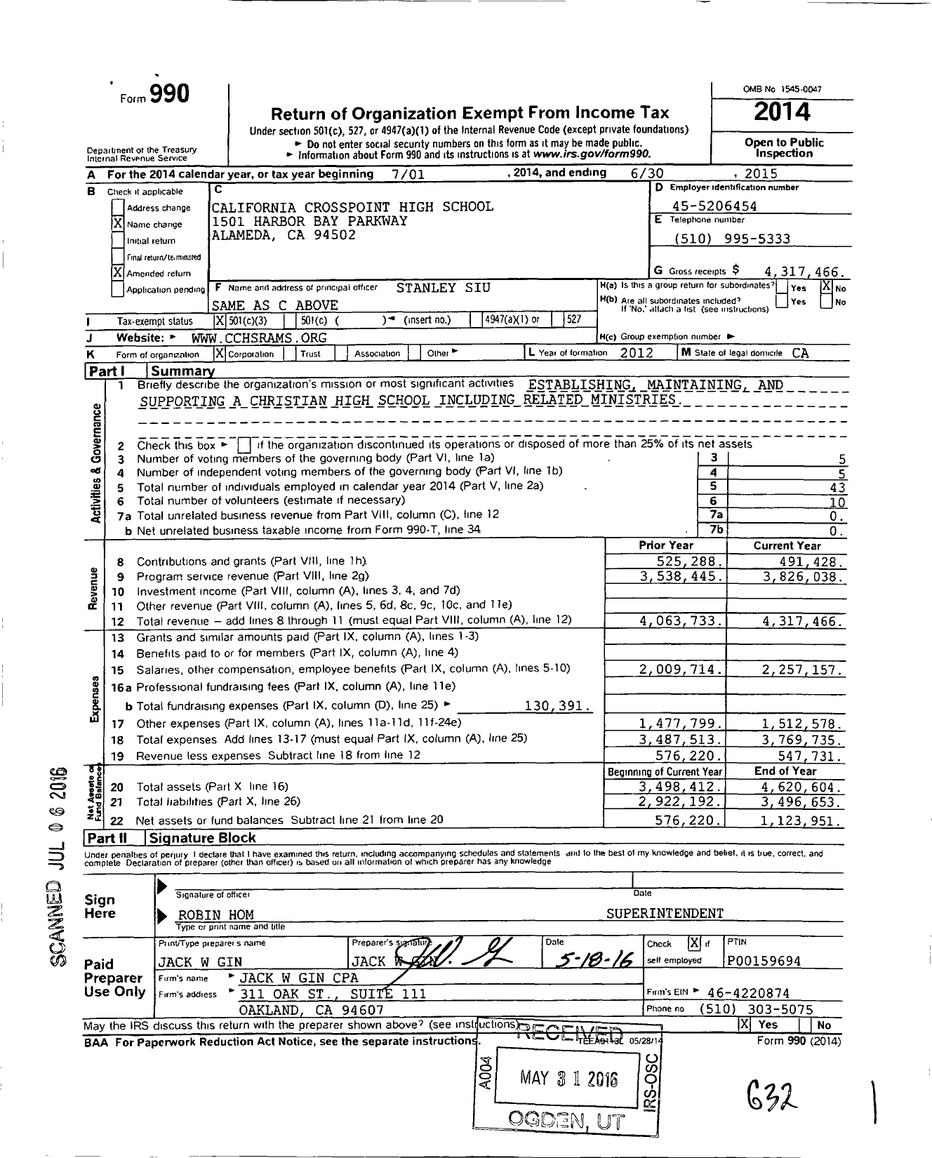 Image of first page of 2014 Form 990 for California Crosspoint High School California Crosspoint Academy (CCHS)