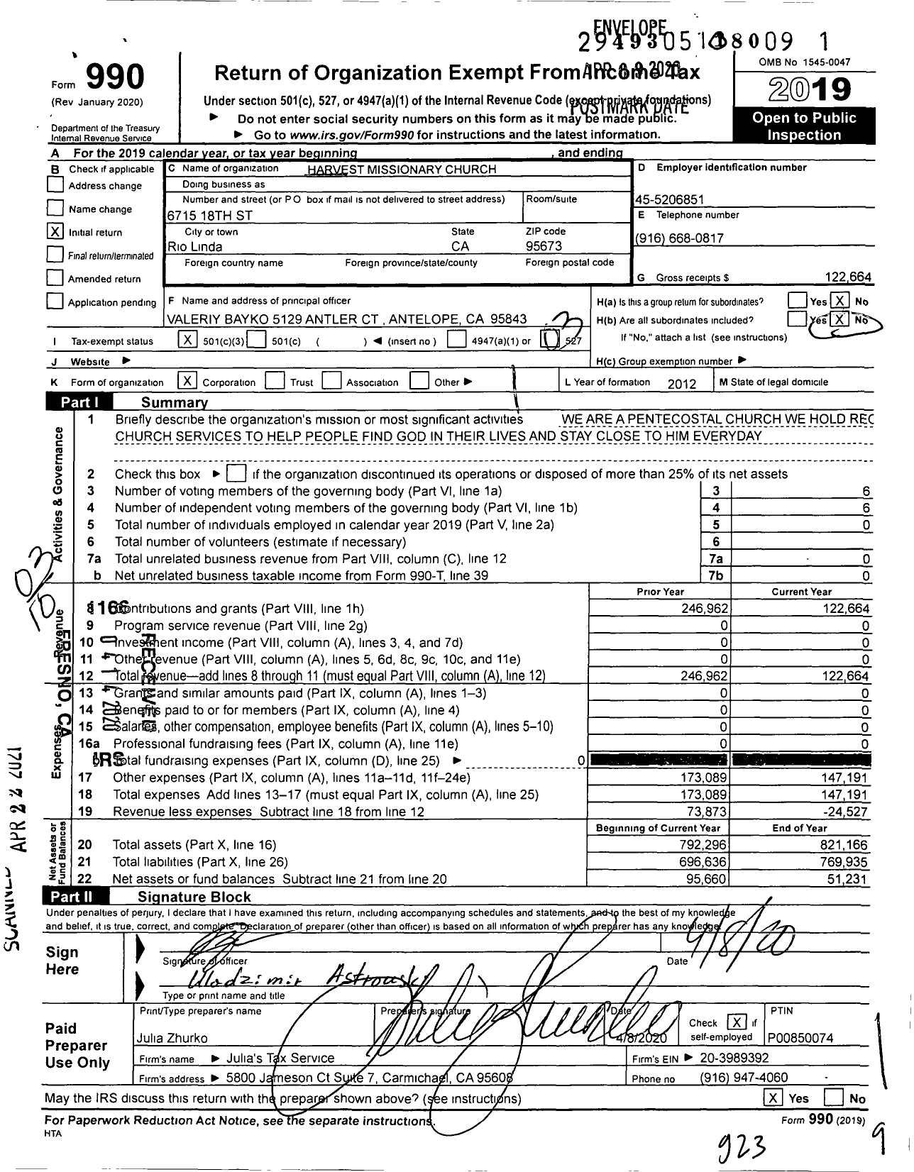 Image of first page of 2019 Form 990 for Harvest Missionary Church