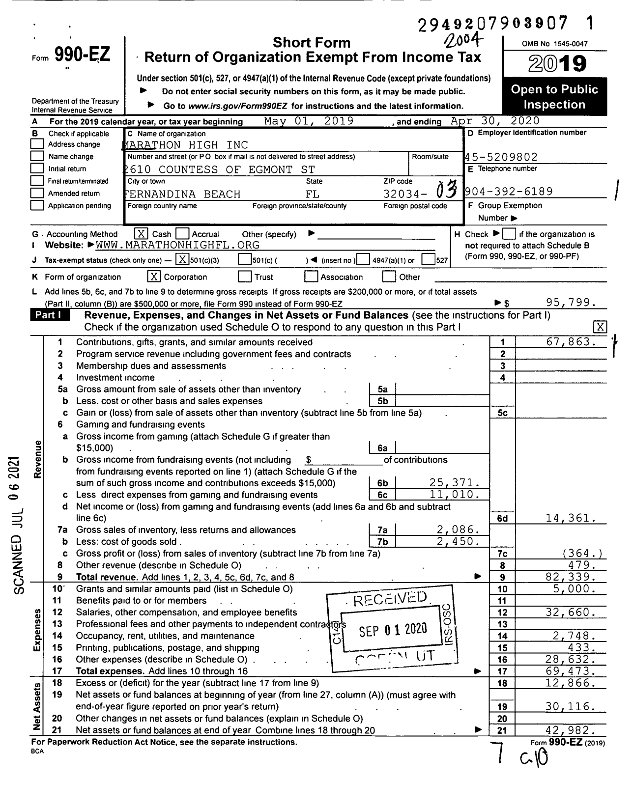 Image of first page of 2019 Form 990EZ for Marathon High