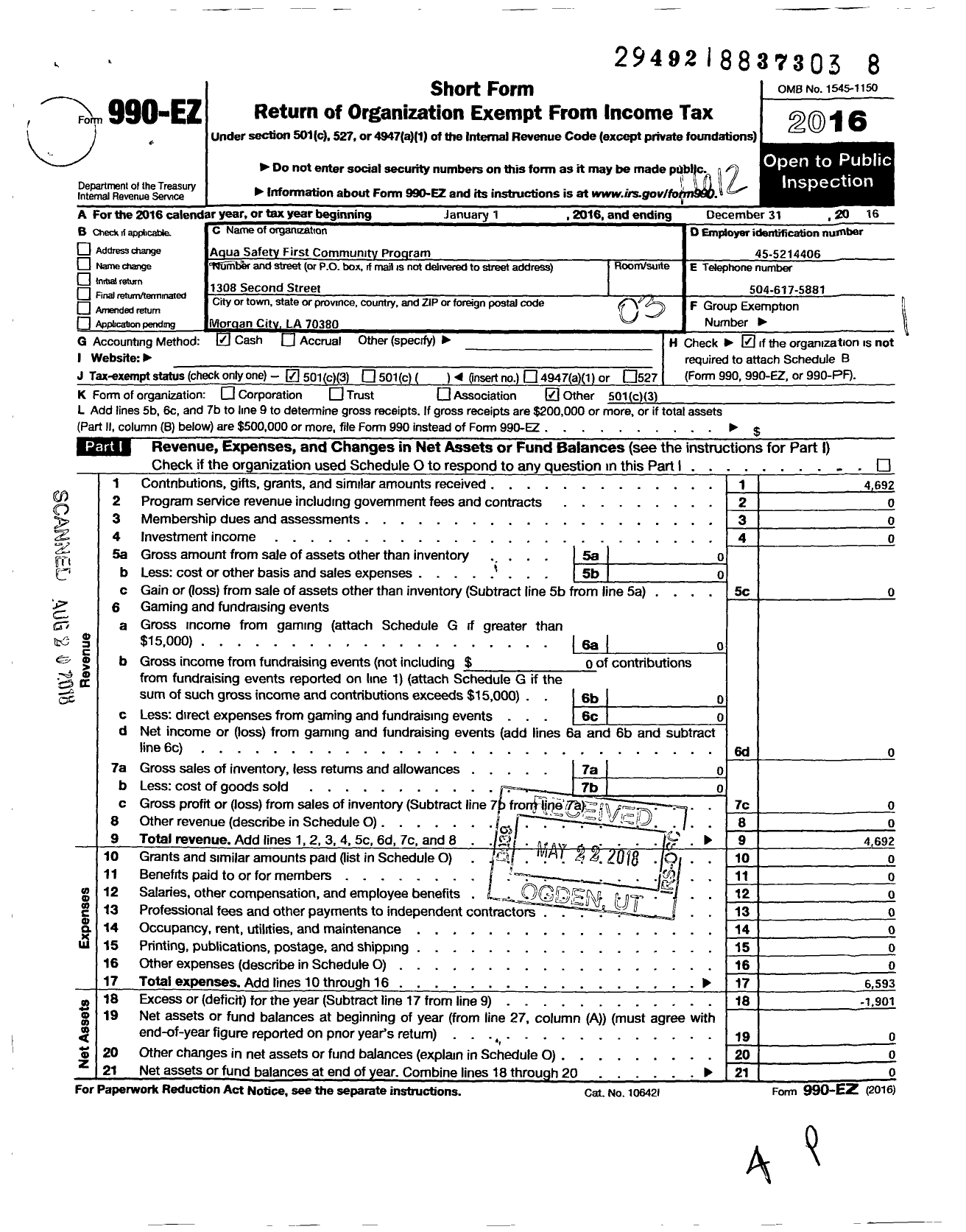 Image of first page of 2016 Form 990EZ for Aqua Safety First Community Program (ASFCP)