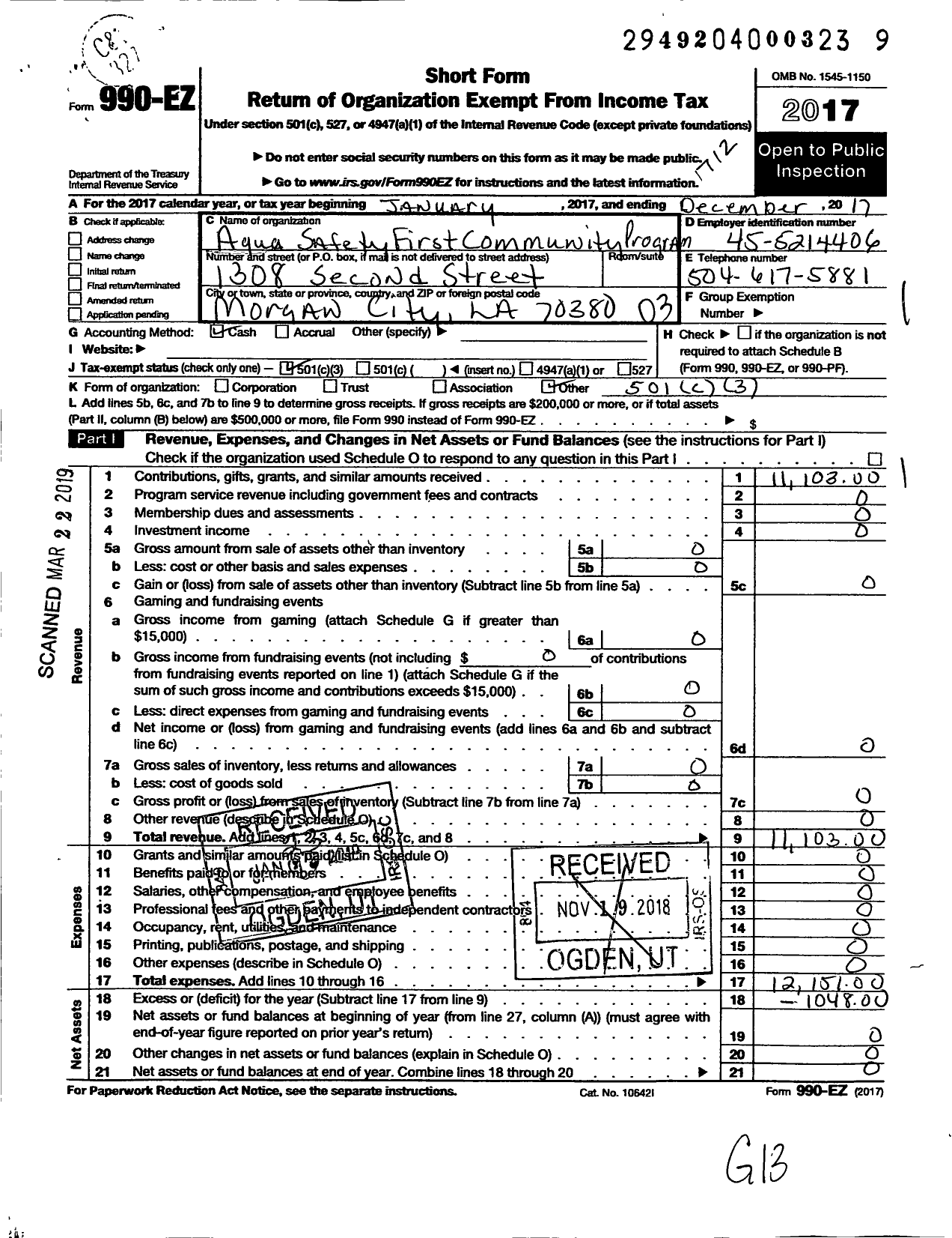 Image of first page of 2017 Form 990EZ for Aqua Safety First Community Program (ASFCP)