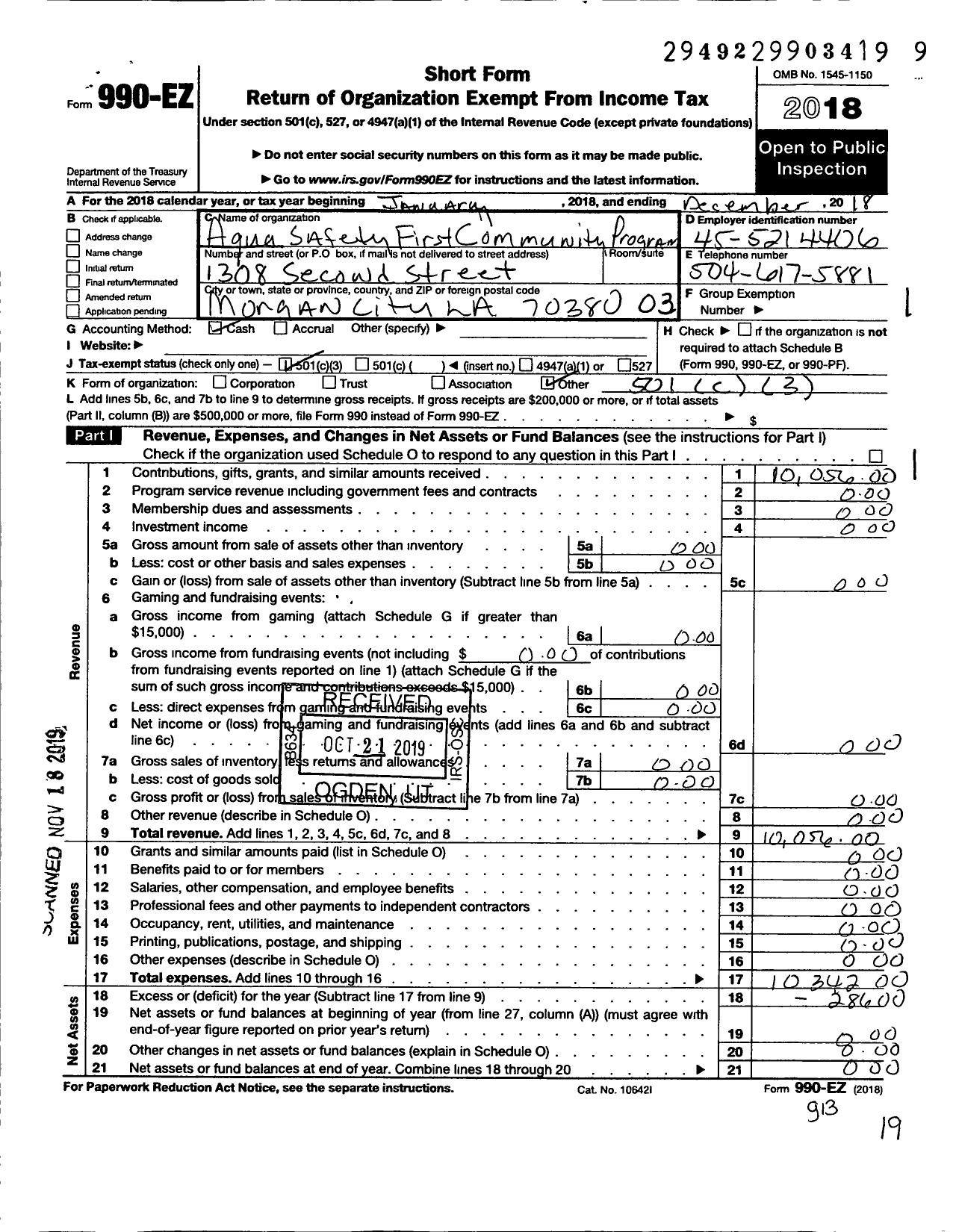 Image of first page of 2018 Form 990EZ for Aqua Safety First Community Program (ASFCP)