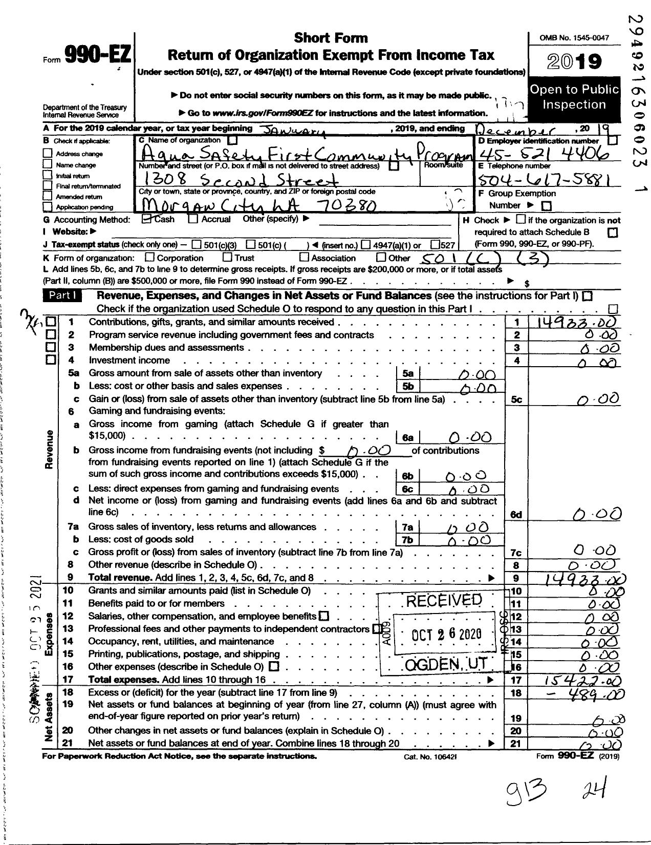 Image of first page of 2019 Form 990EZ for Aqua Safety First Community Program (ASFCP)