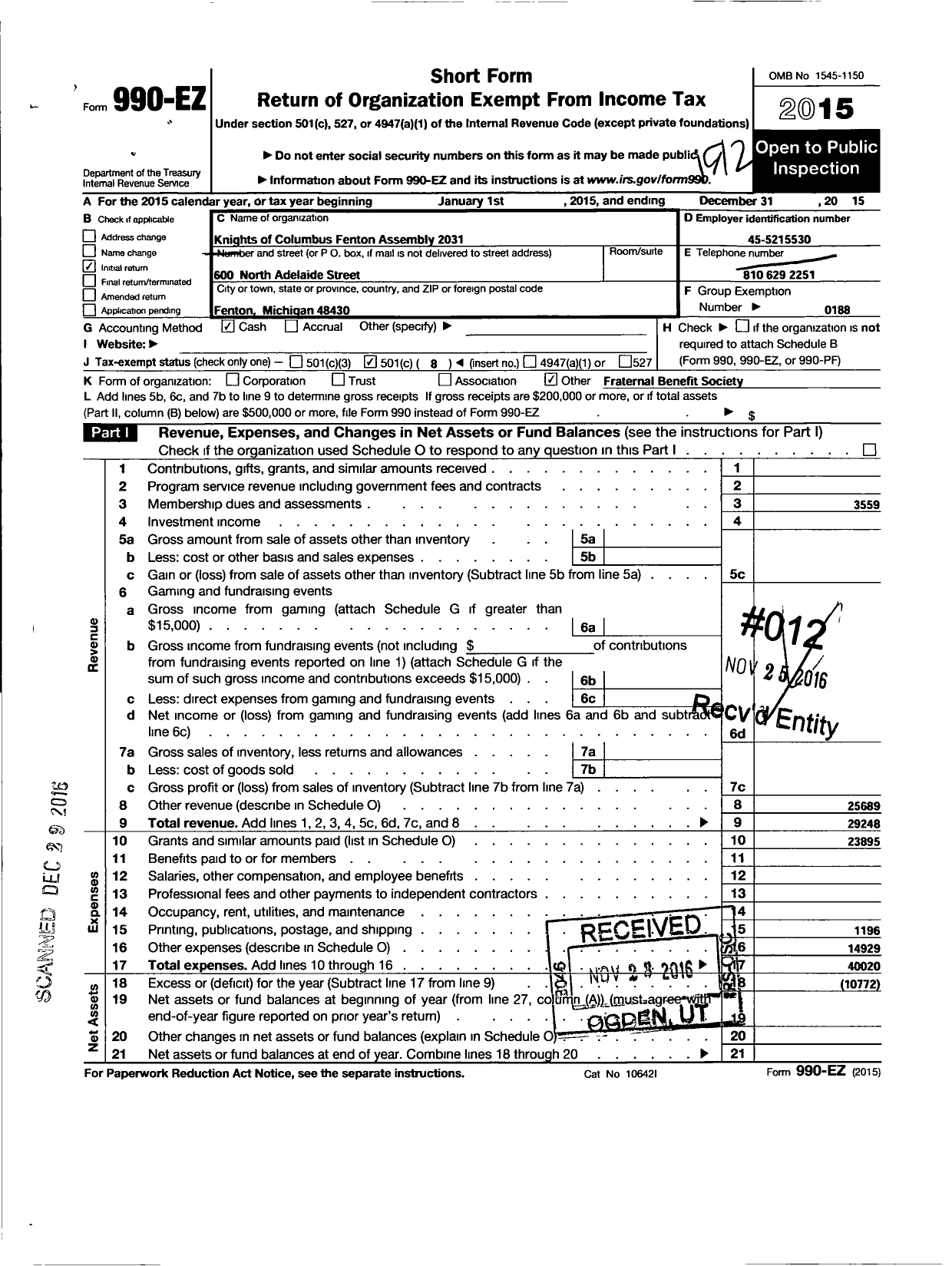 Image of first page of 2015 Form 990EO for Knights of Columbus - Fenton Assembly 2031