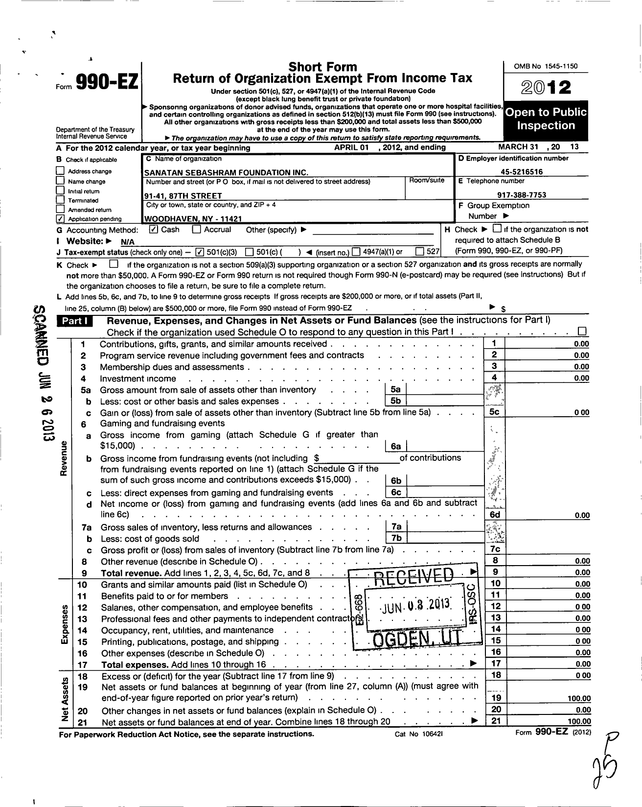 Image of first page of 2012 Form 990EZ for Sanatan Sebashram Foundation