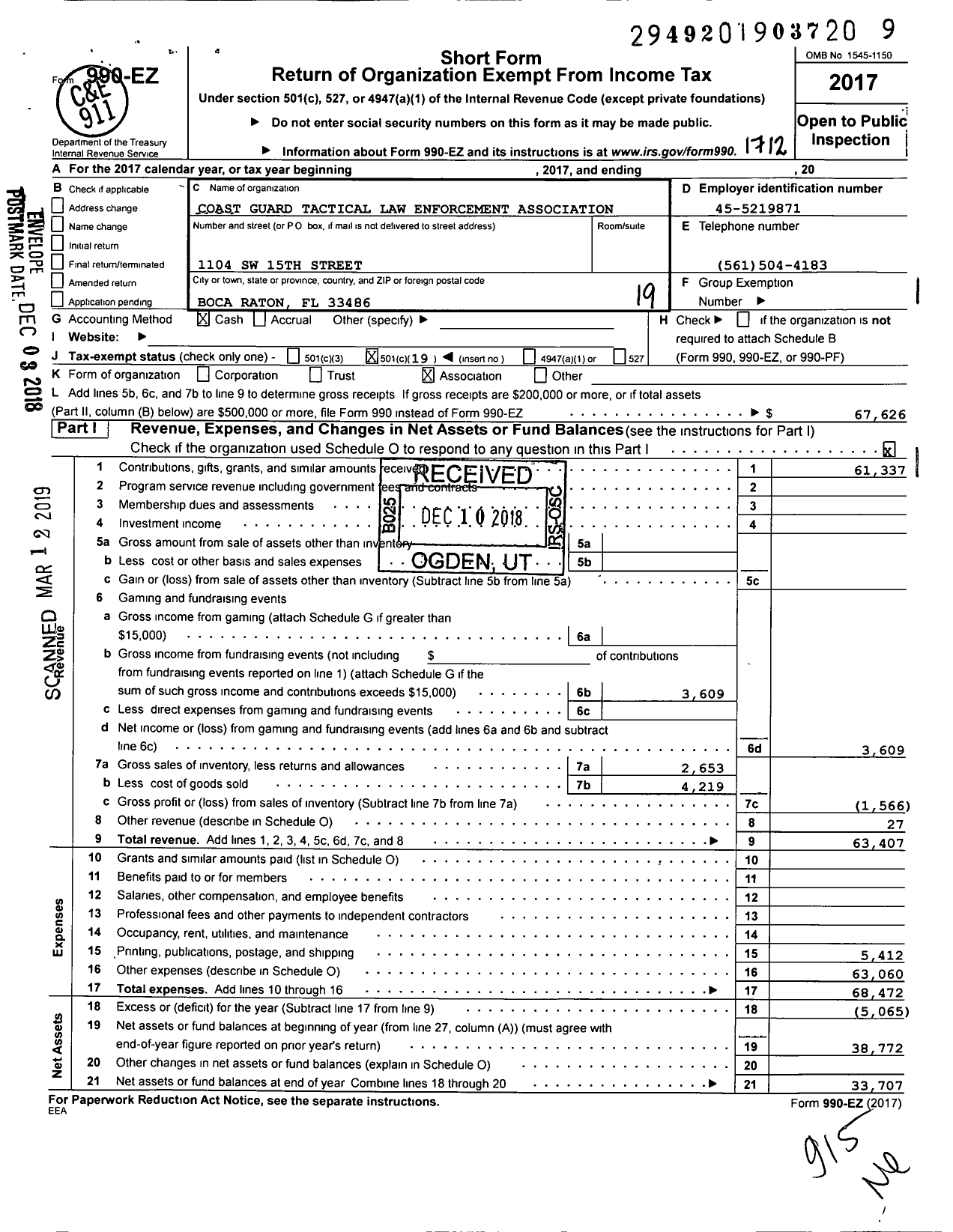 Image of first page of 2017 Form 990EO for Coast Guard Tactical Law Enforcement Association