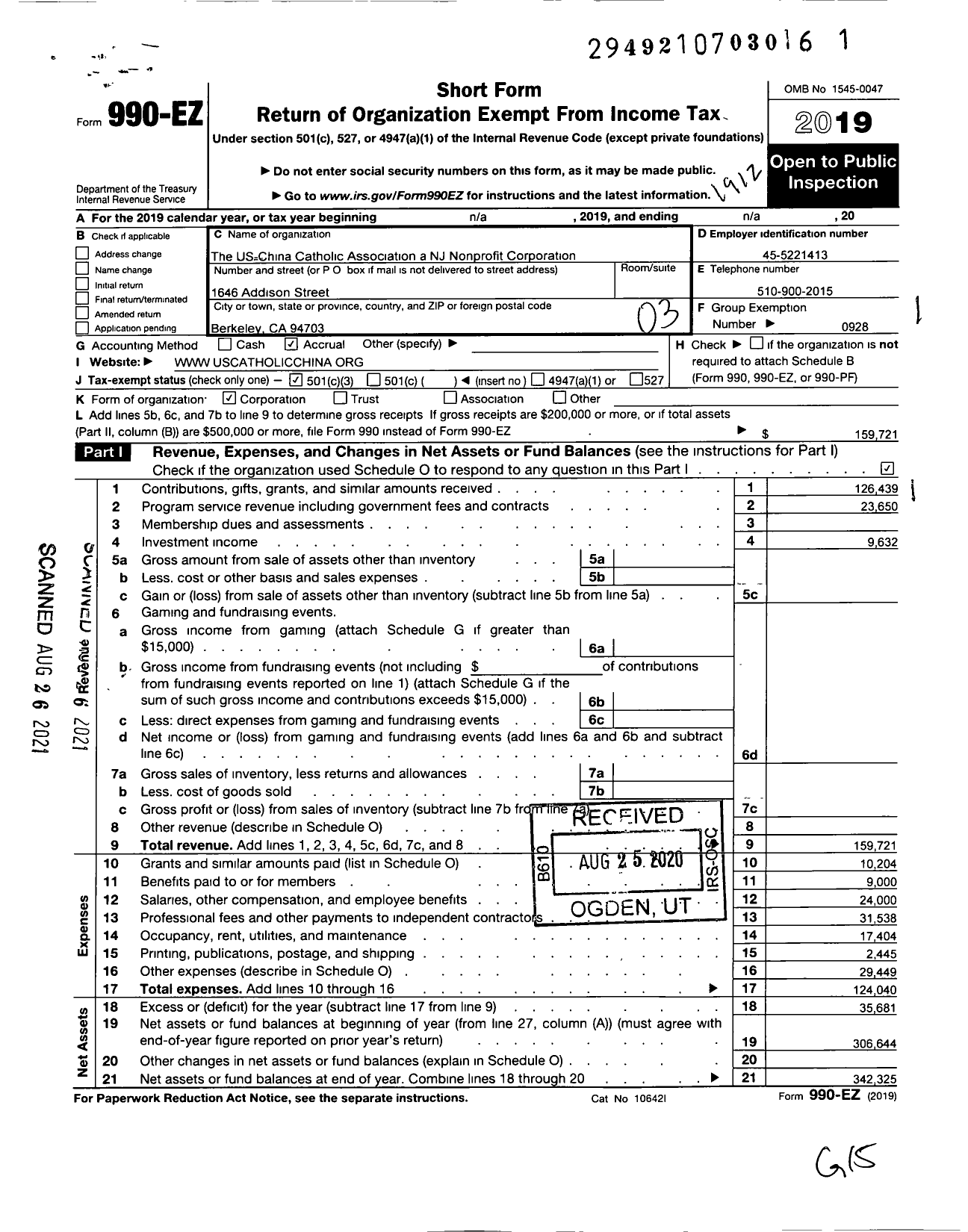 Image of first page of 2019 Form 990EZ for US-China Catholic Association