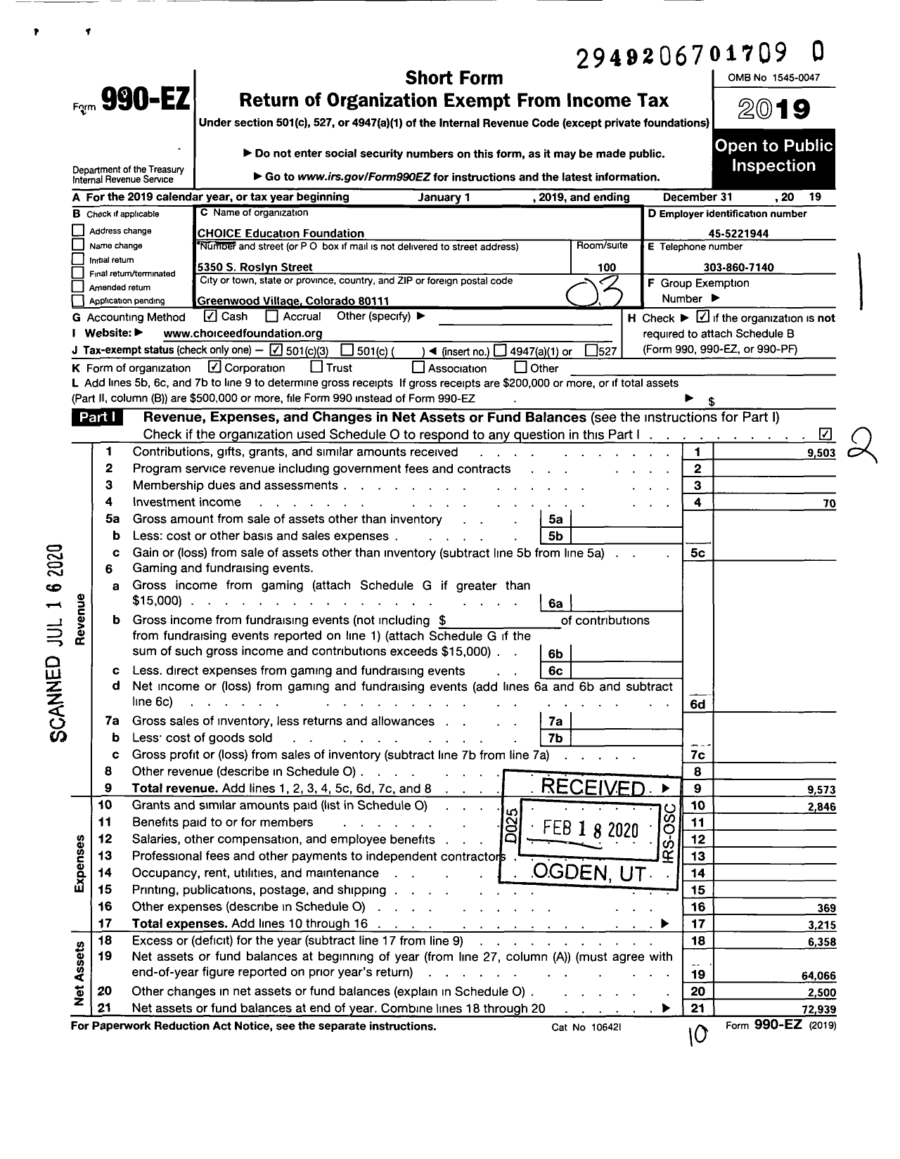 Image of first page of 2019 Form 990EZ for CHOICE Education Foundation