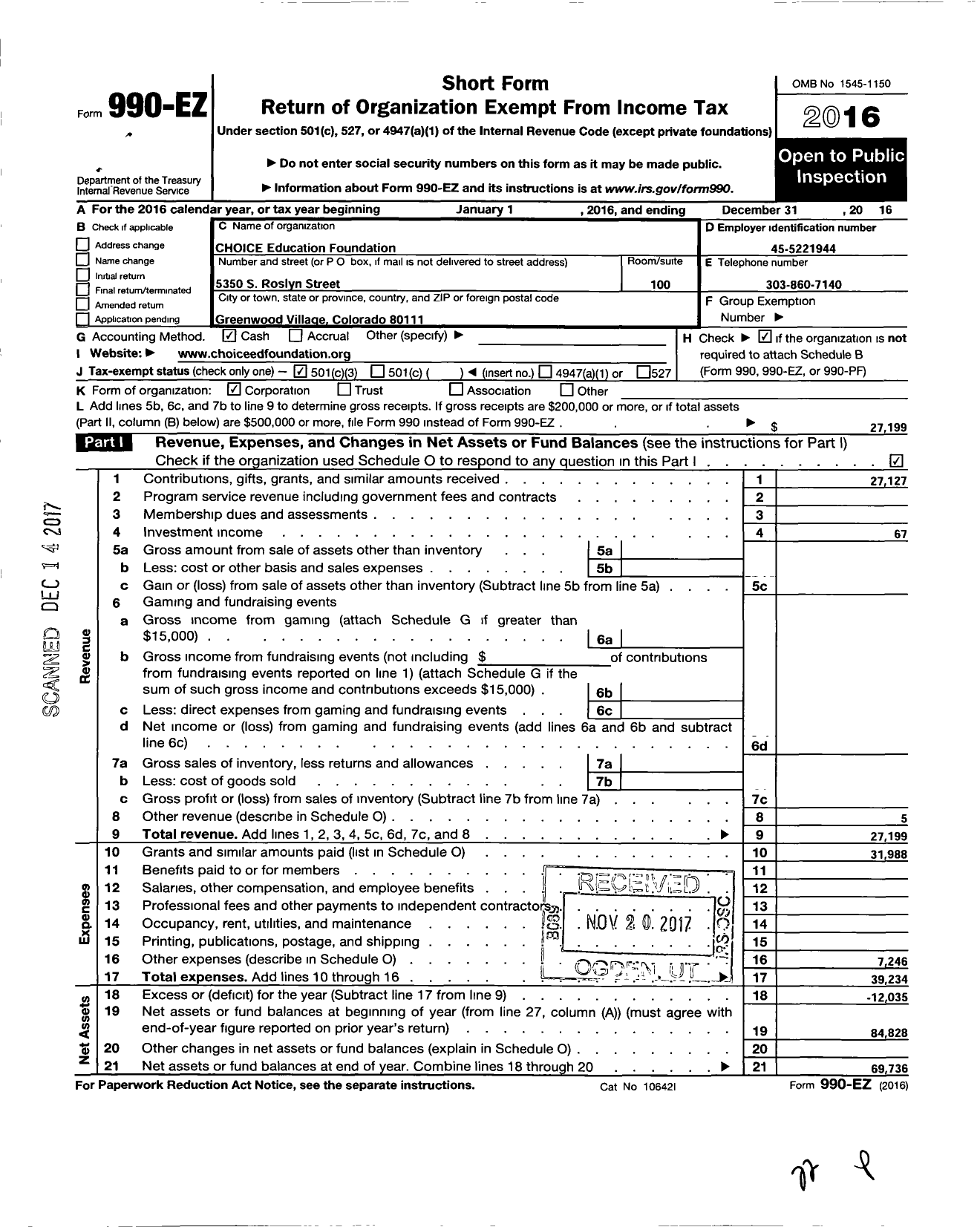 Image of first page of 2016 Form 990EZ for CHOICE Education Foundation