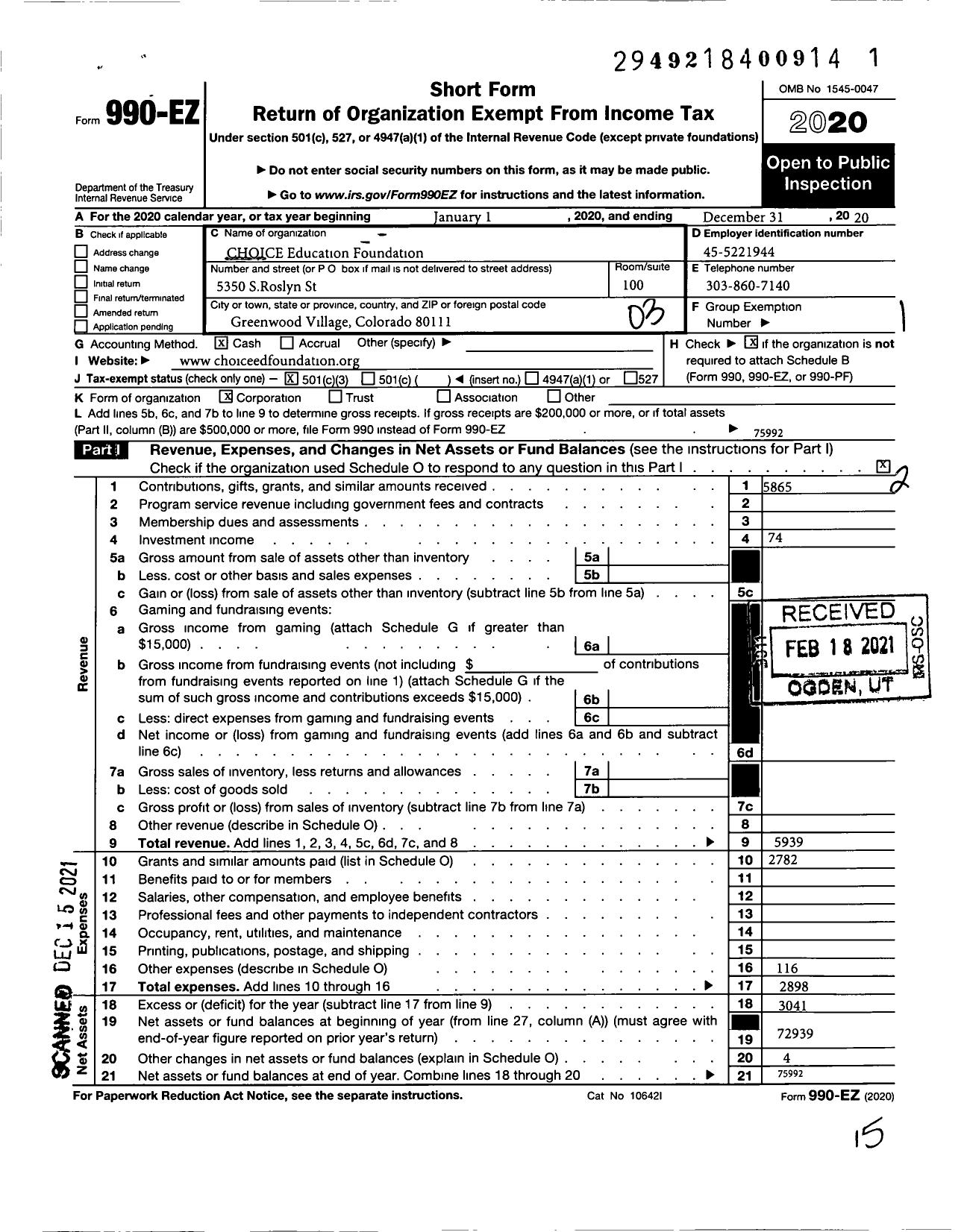 Image of first page of 2020 Form 990EZ for CHOICE Education Foundation