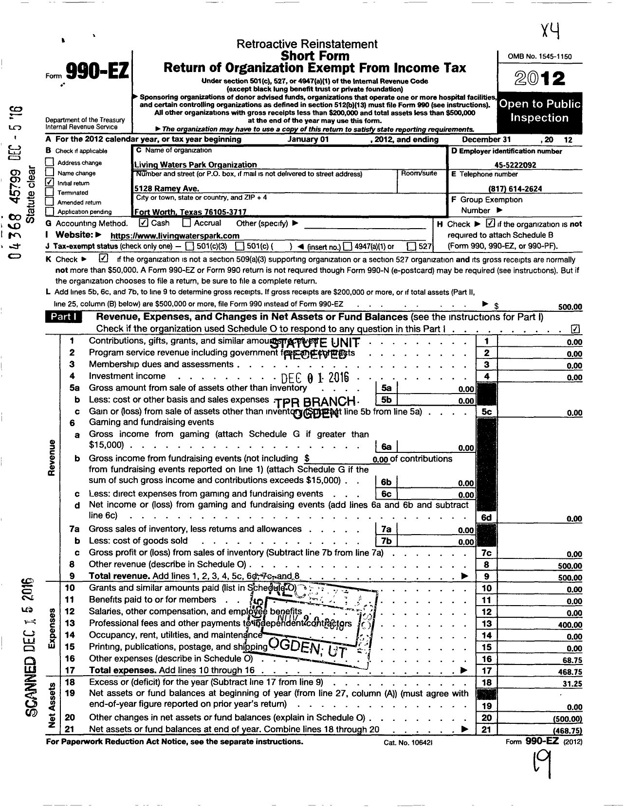 Image of first page of 2012 Form 990EO for Living Waters Park Organization