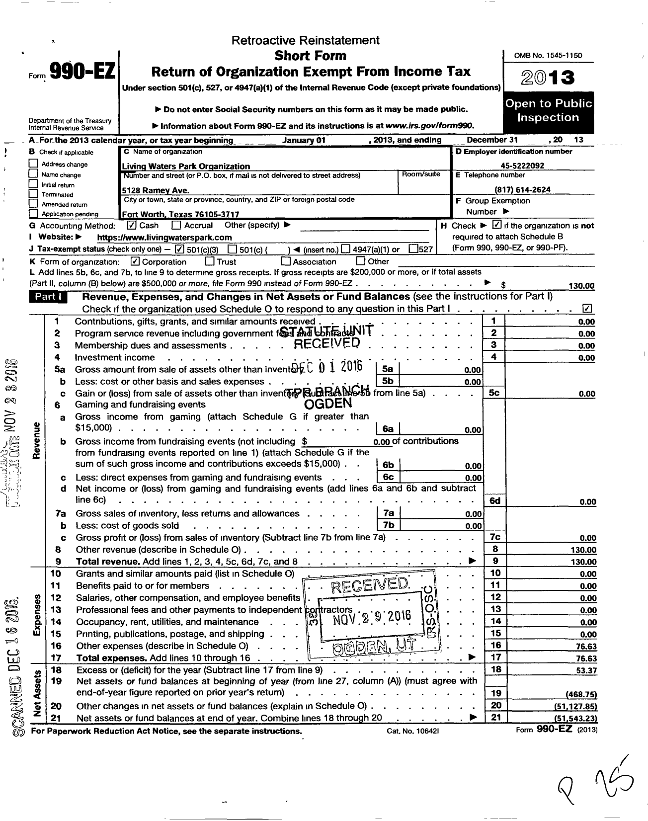 Image of first page of 2013 Form 990EZ for Living Waters Park Organization