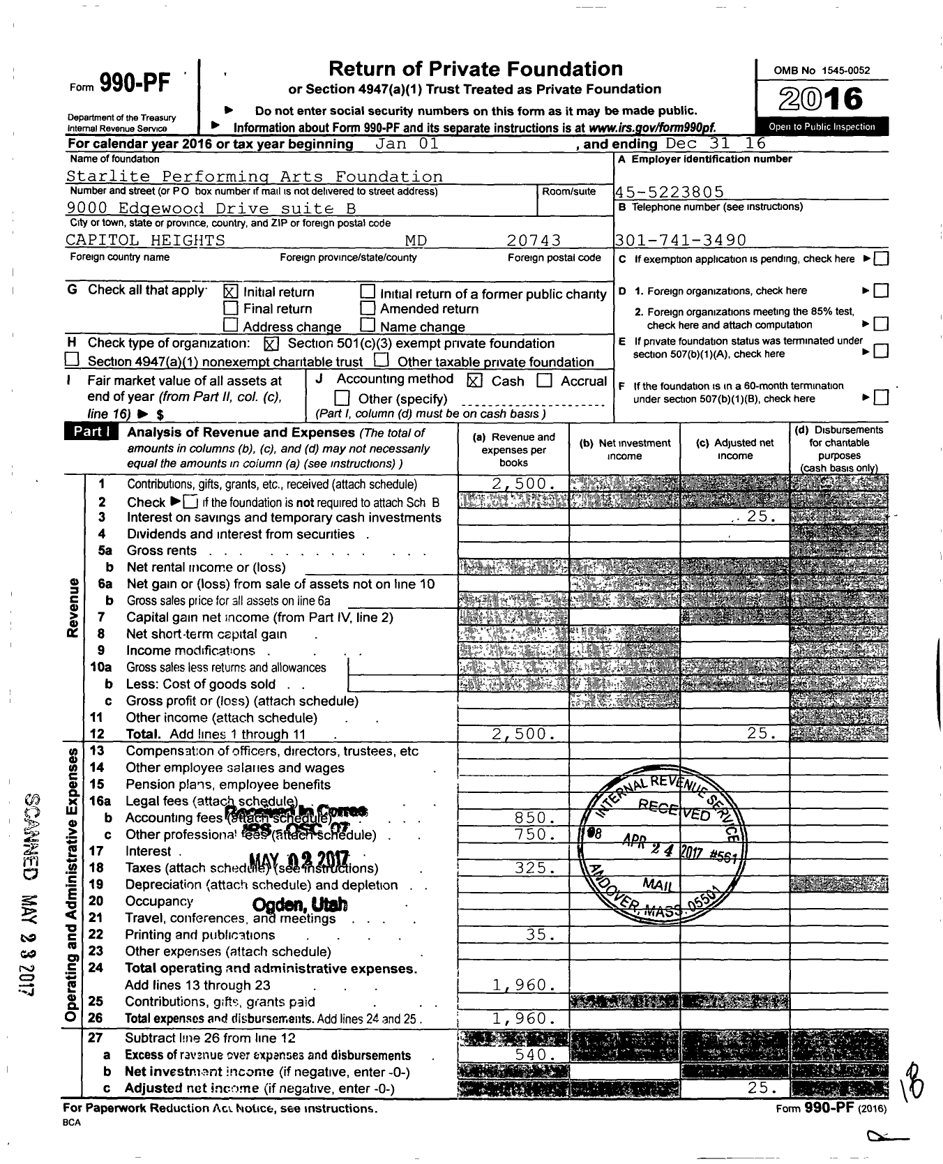 Image of first page of 2016 Form 990PF for Starlite Performing Arts Foundation Corporation