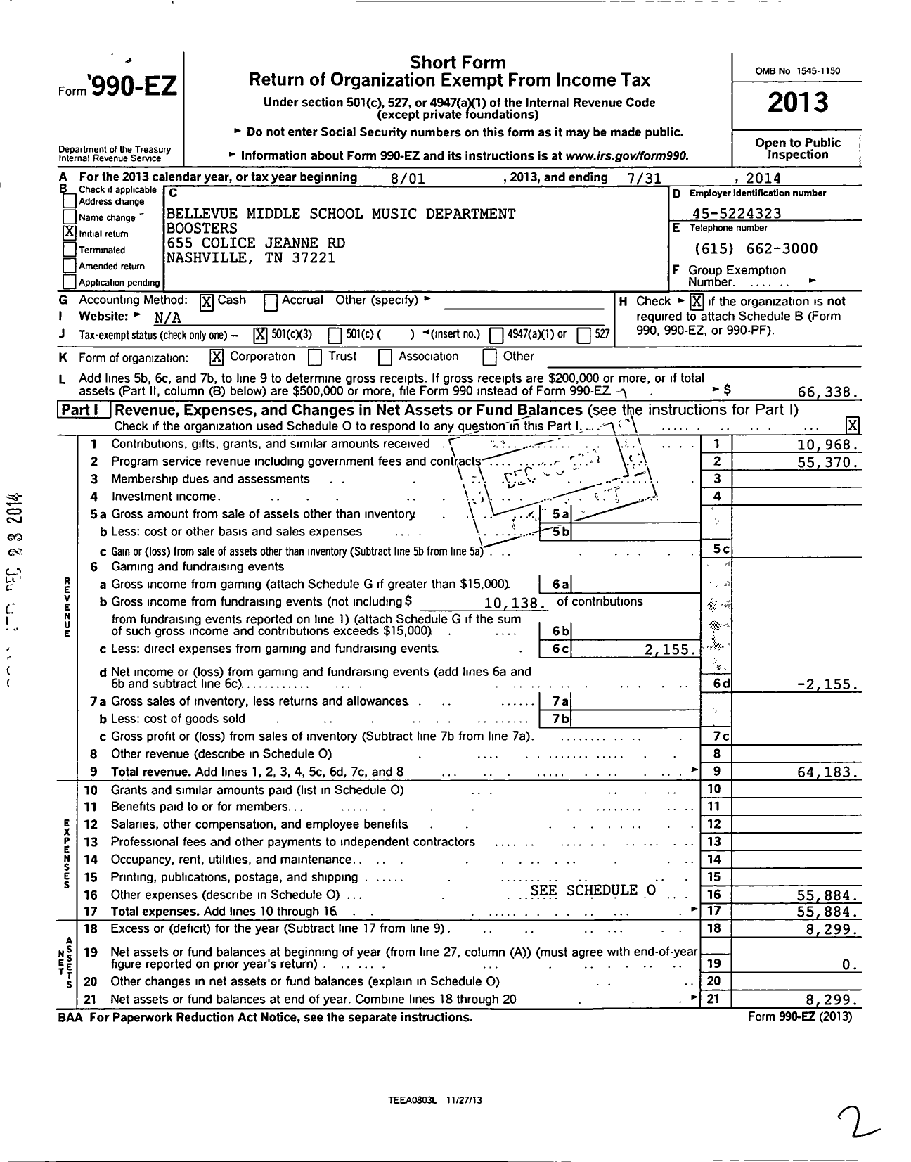 Image of first page of 2013 Form 990EZ for Bellevue Middle School Music Department Boosters