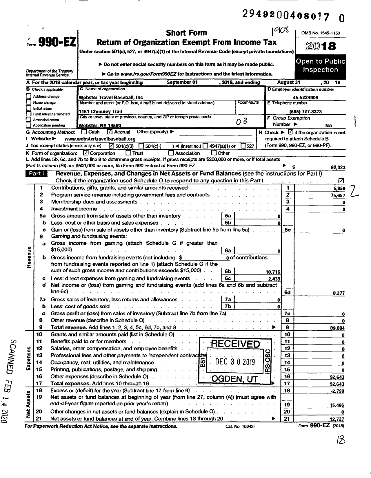 Image of first page of 2018 Form 990EZ for Webster Travel Baseball