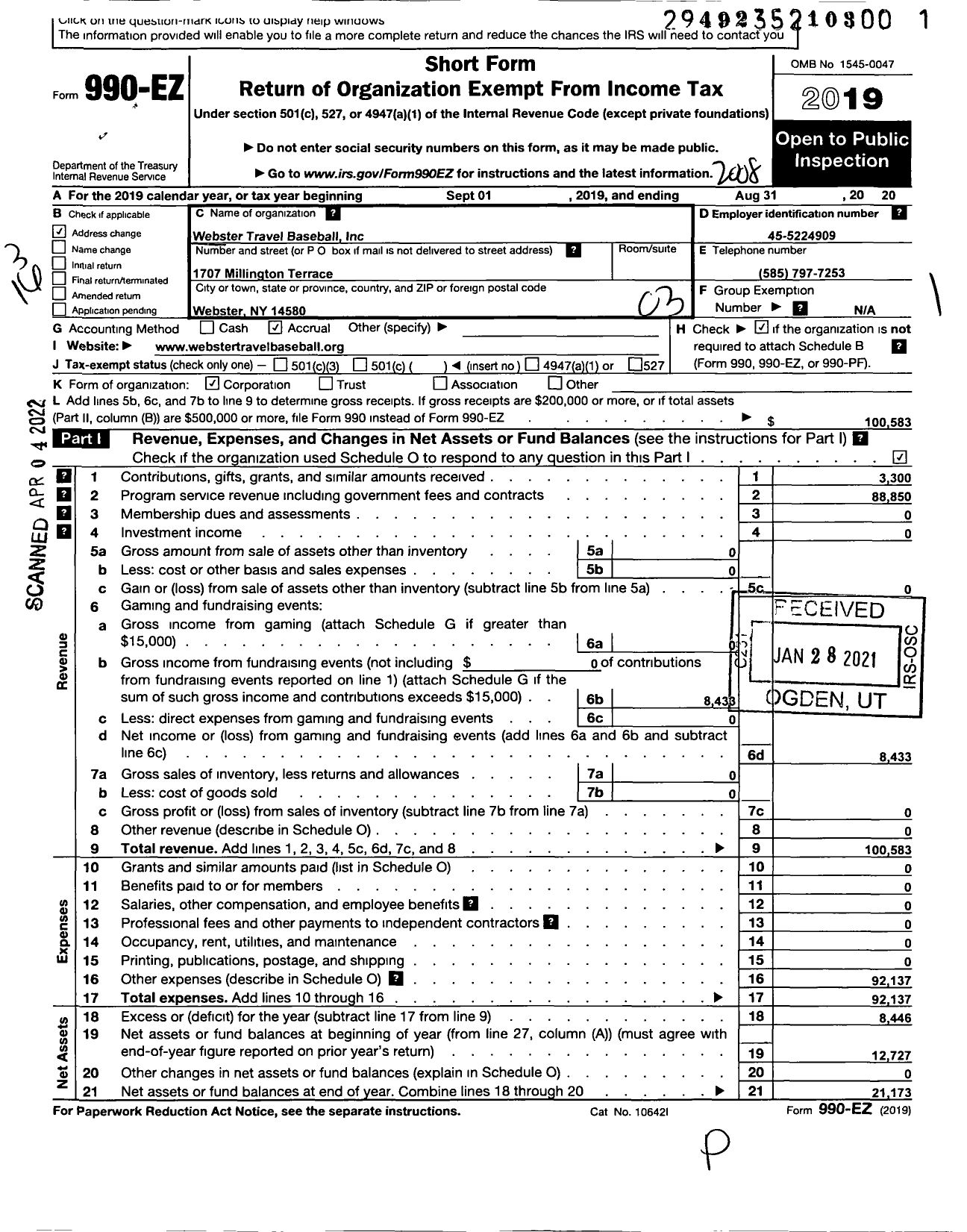 Image of first page of 2019 Form 990EZ for Webster Travel Baseball