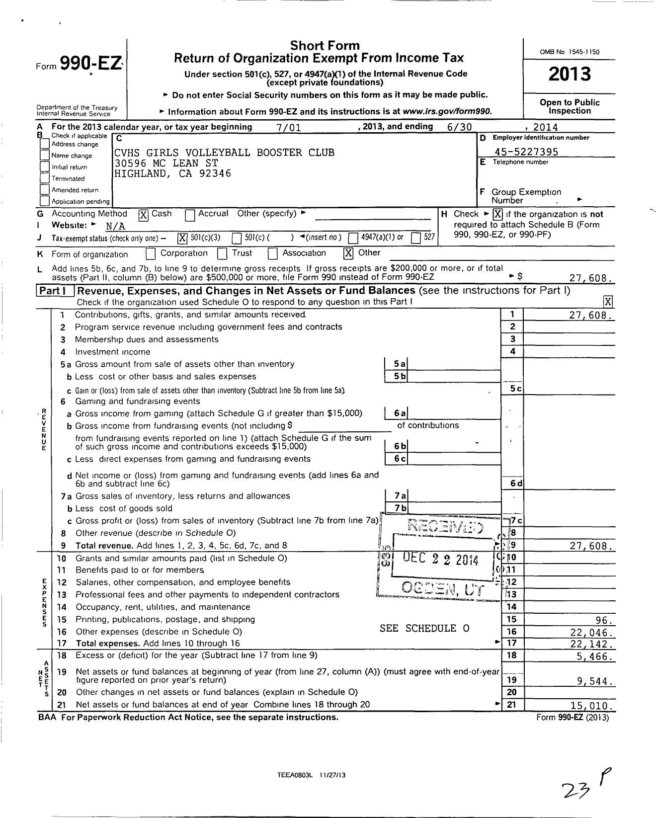 Image of first page of 2013 Form 990EZ for Citrus Valley High School Girls Volleyball Booster Club