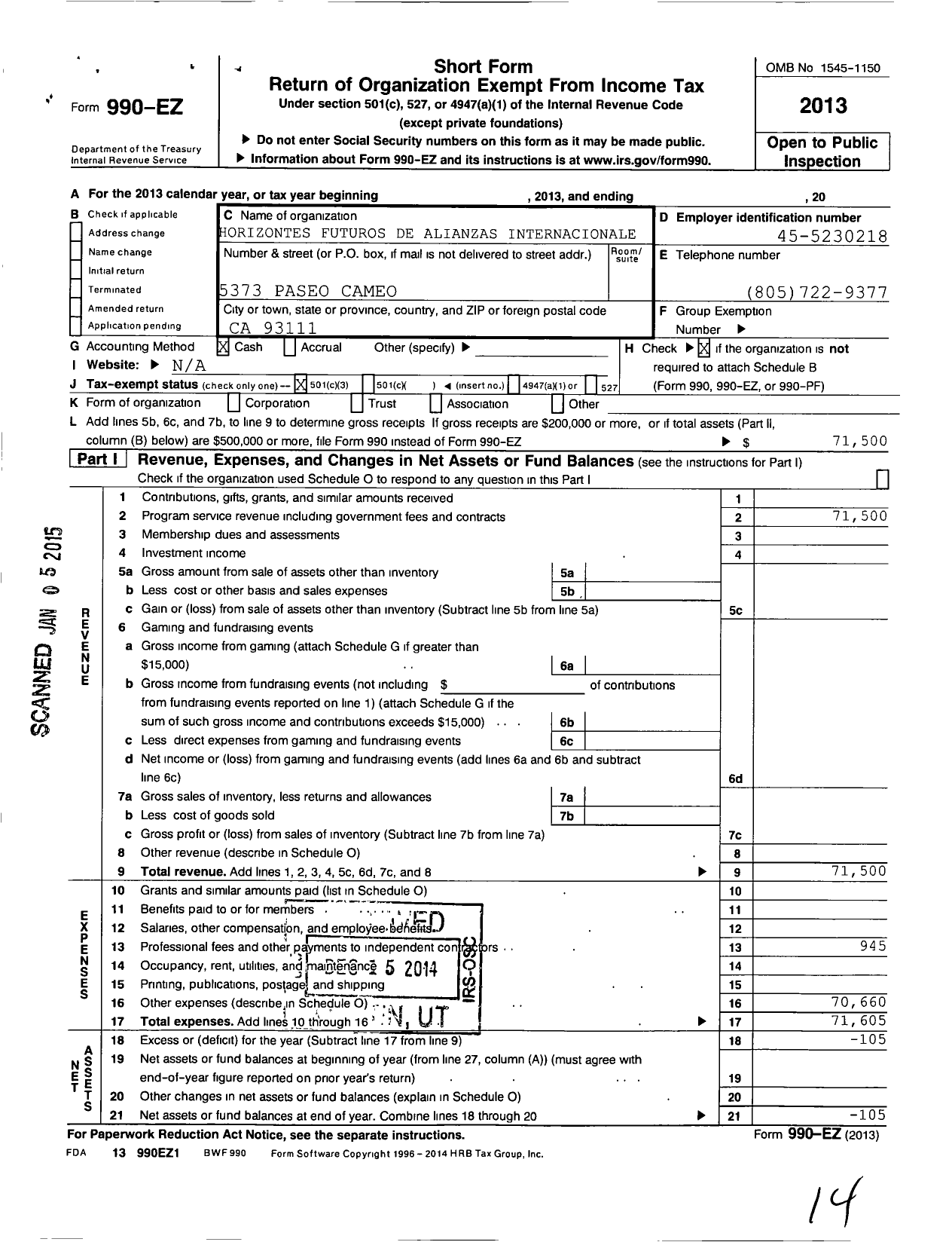 Image of first page of 2013 Form 990EZ for Hfai Horizontes Futuros de Alianzas