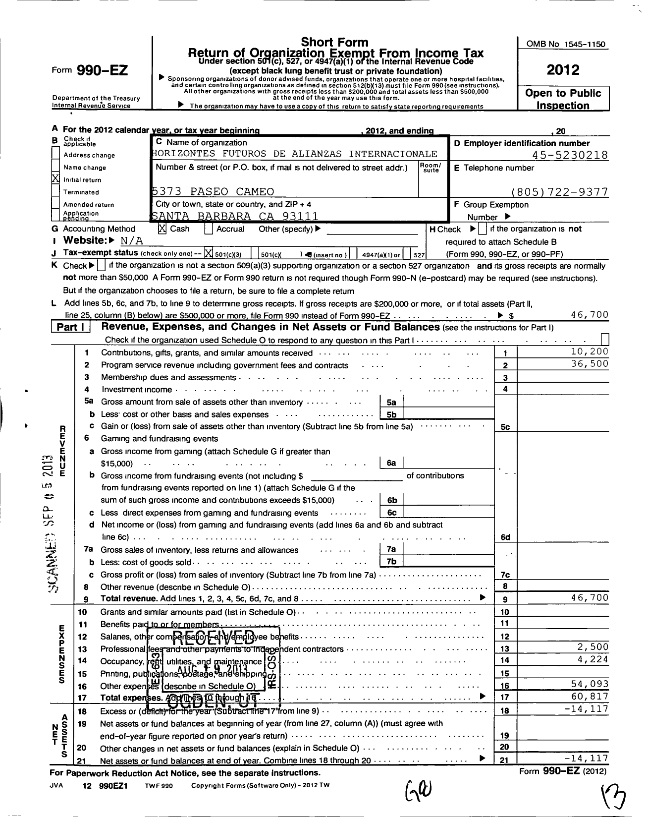 Image of first page of 2012 Form 990EZ for Hfai Horizontes Futuros de Alianzas