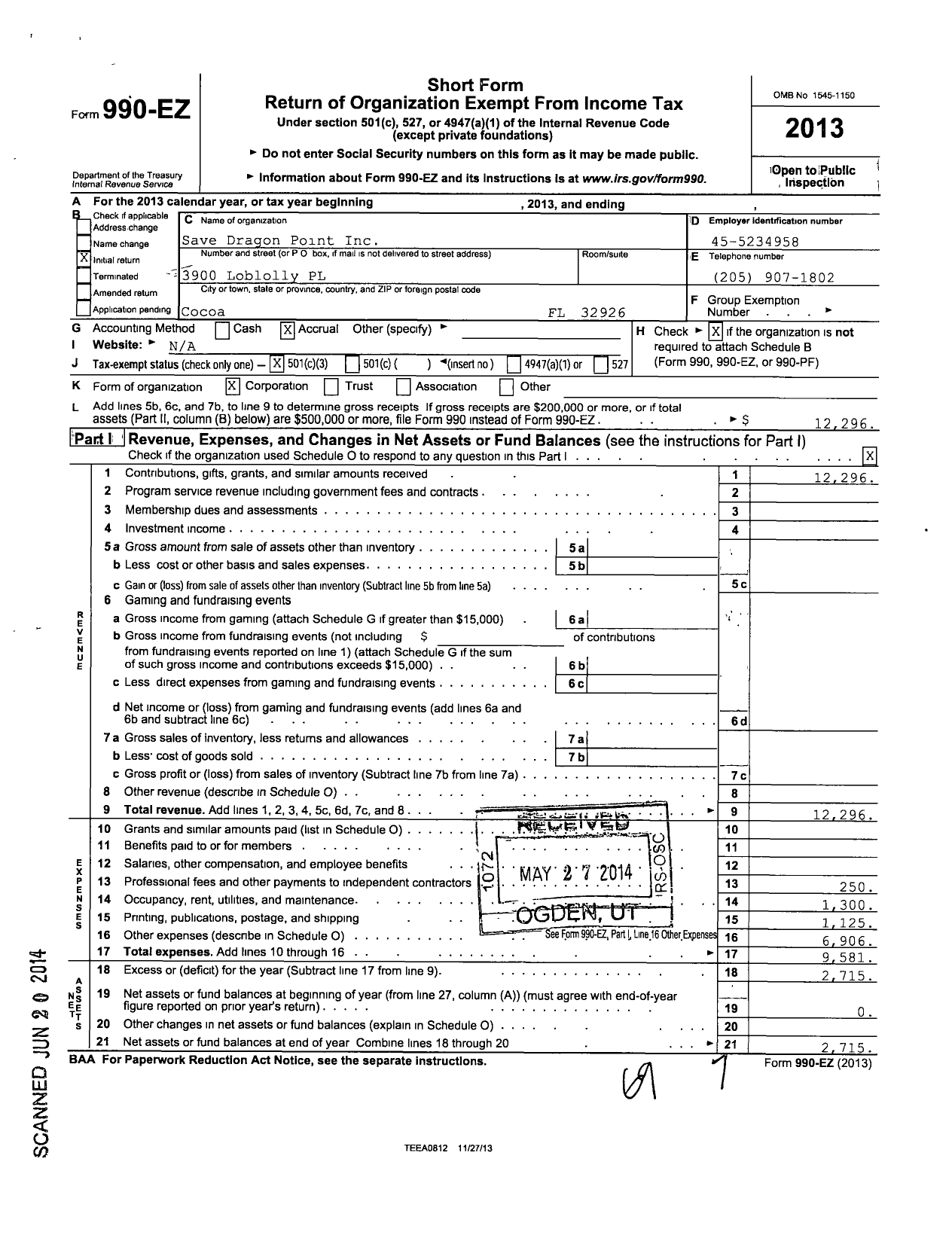 Image of first page of 2013 Form 990EZ for Save Dragon Point