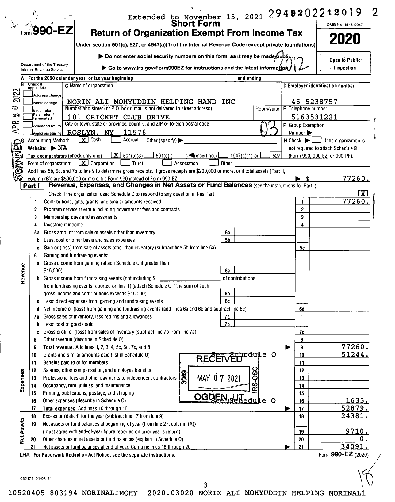 Image of first page of 2020 Form 990EZ for Norin Ali Mohyuddin Helping Hand